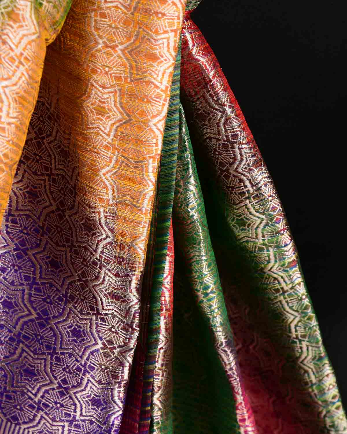 Ombre Multi-color Silver Zari Kaleidoscopic Stars Brocade Handwoven Silk Tissue Unisex Scarf 80"x22"-HolyWeaves