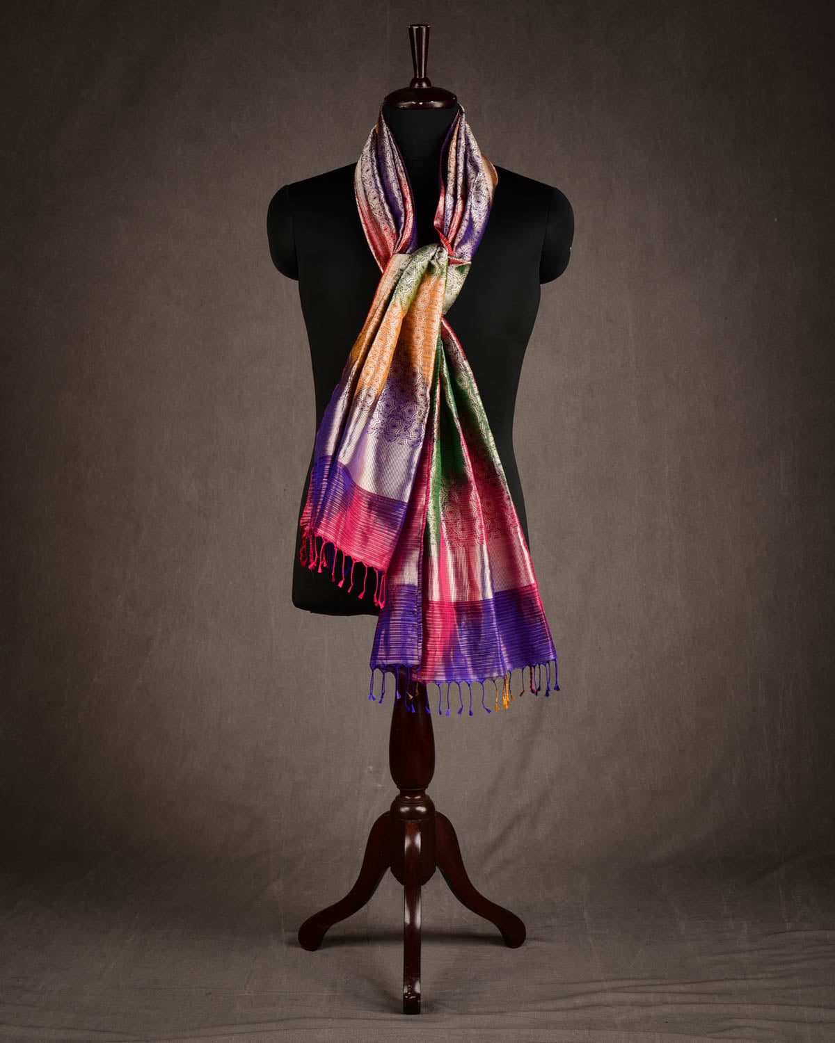 Ombre Multi-color Silver Zari Kaleidoscopic Stars Brocade Handwoven Silk Tissue Unisex Scarf 80"x22"-HolyWeaves