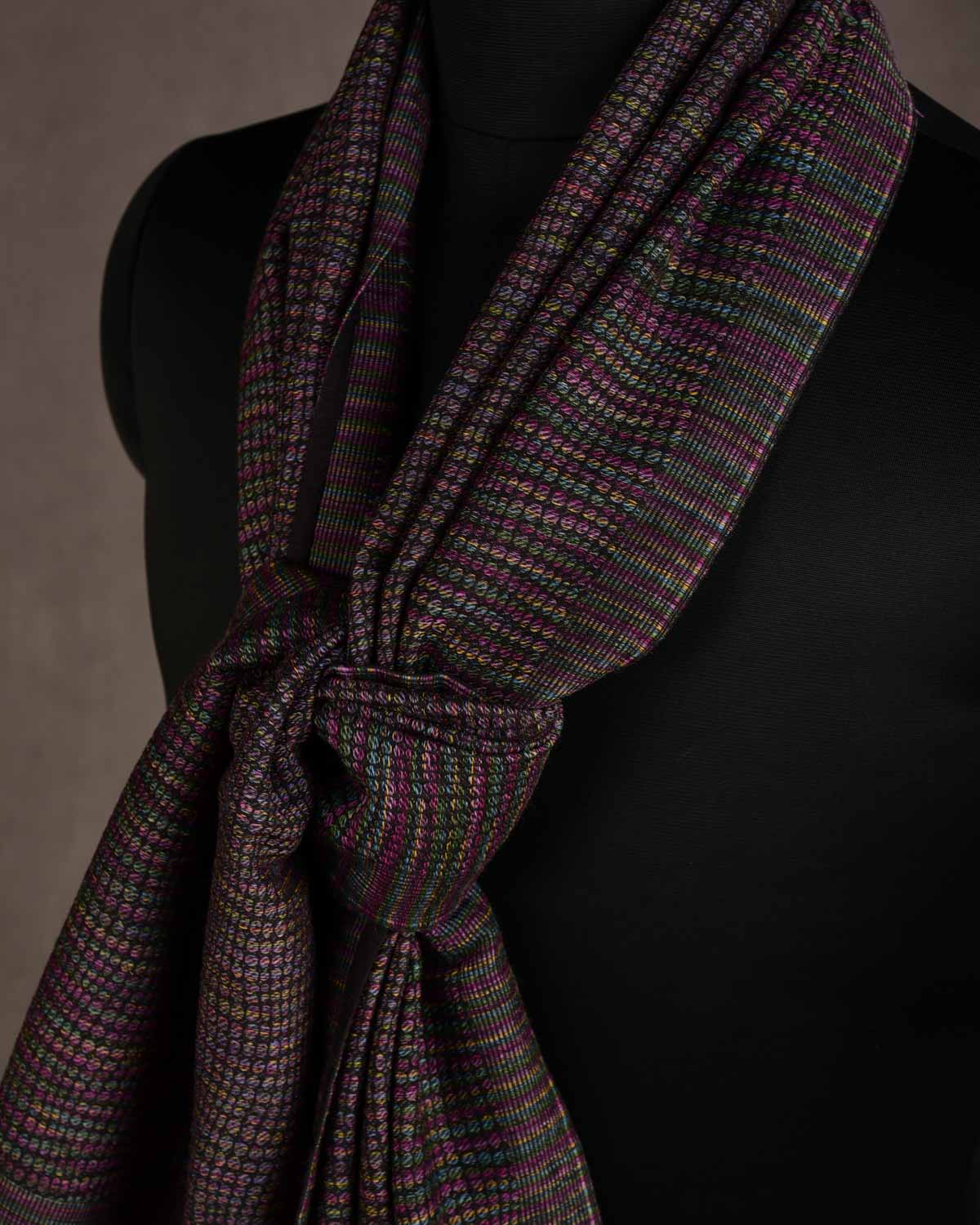 Variegated Black Multi-Color Python Stripes Brocade Handwoven Silk Wool Unisex Scarf 80"x22"-HolyWeaves