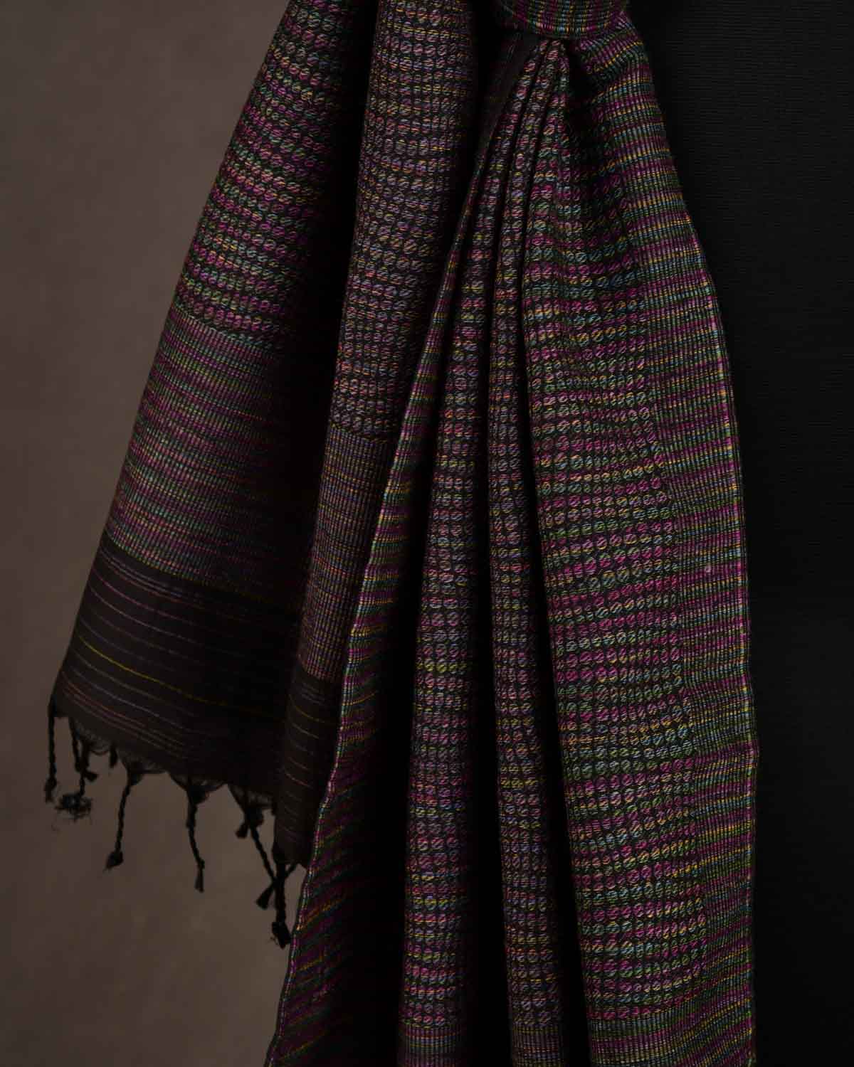 Variegated Black Multi-Color Python Stripes Brocade Handwoven Silk Wool Unisex Scarf 80"x22"-HolyWeaves