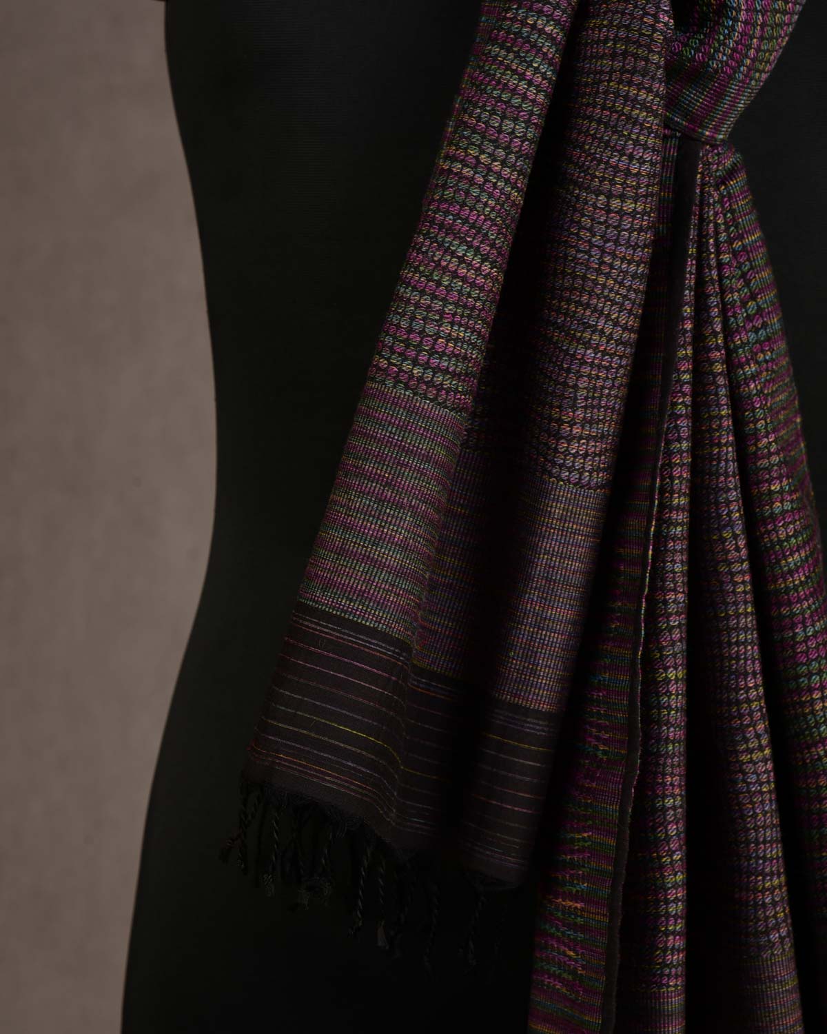 Variegated Black Multi-Color Python Stripes Brocade Handwoven Silk Wool Unisex Scarf 80"x22"-HolyWeaves