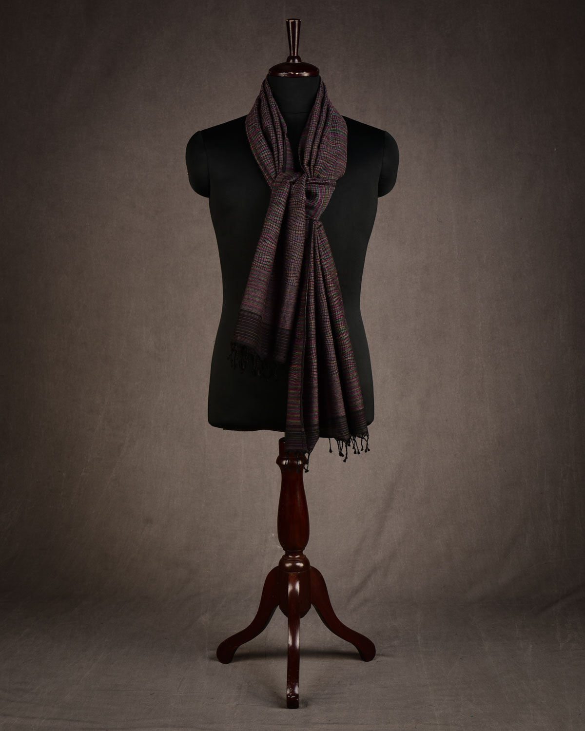 Variegated Black Multi-Color Python Stripes Brocade Handwoven Silk Wool Unisex Scarf 80"x22"-HolyWeaves