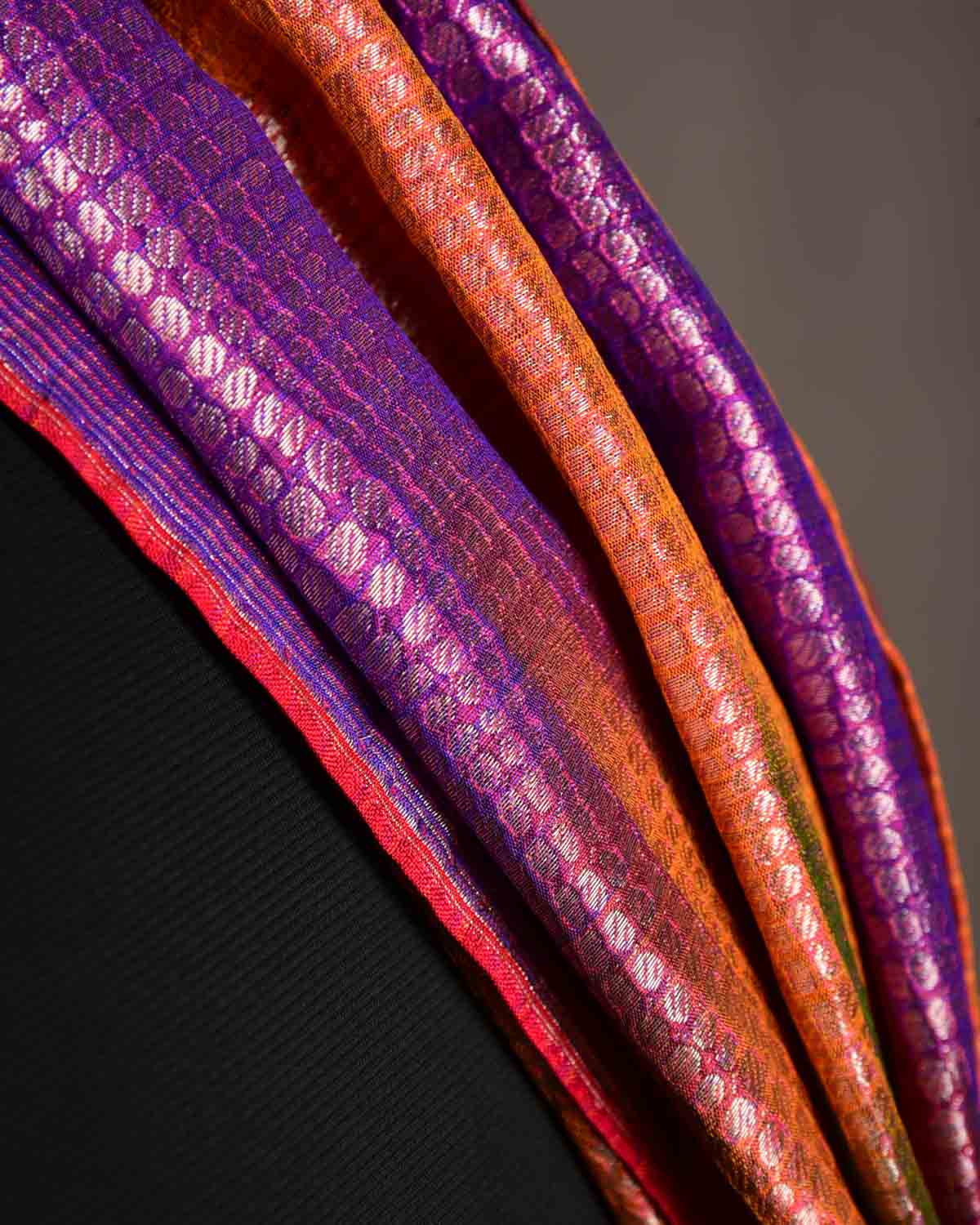 Metallic Multi-color Multi-Color Silver Zari Python Stripes Brocade Handwoven Silk Unisex Scarf 80"x22"-HolyWeaves