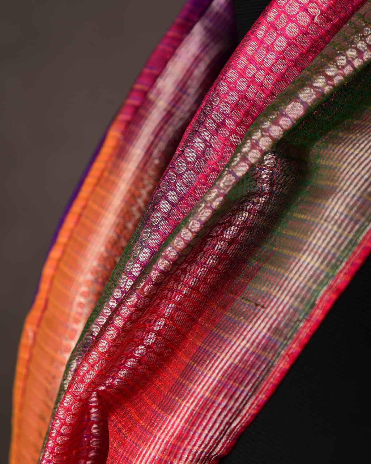 Metallic Multi-color Multi-Color Silver Zari Python Stripes Brocade Handwoven Silk Unisex Scarf 80"x22"-HolyWeaves