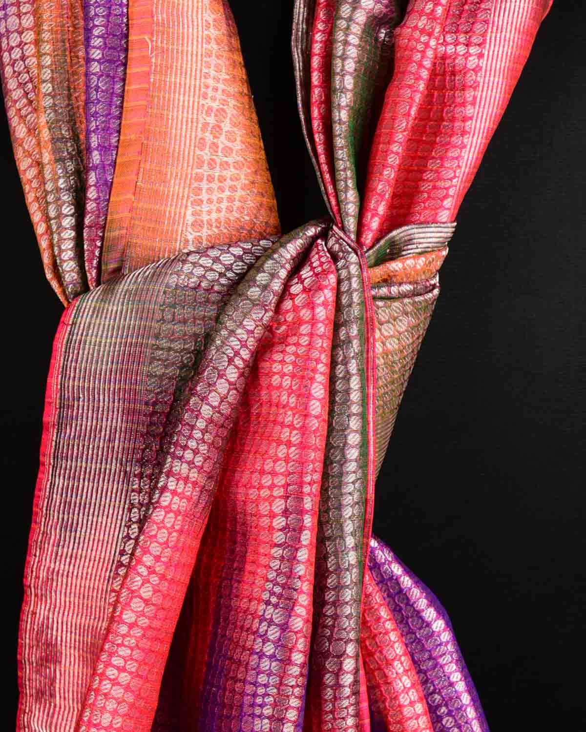 Metallic Multi-color Multi-Color Silver Zari Python Stripes Brocade Handwoven Silk Unisex Scarf 80"x22"-HolyWeaves