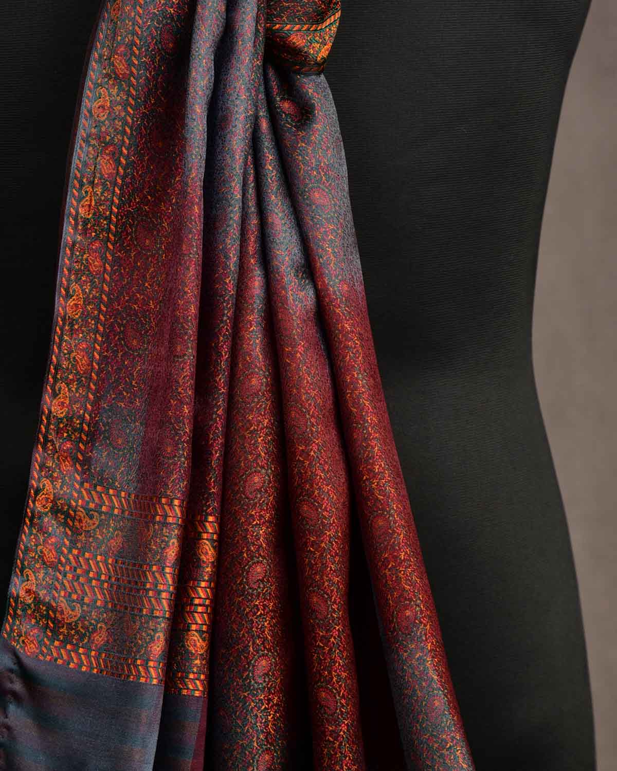 Ombre Multi-color Tehra Paisley Satin Jamawar Handwoven Silk Unisex Scarf 76"x22"-HolyWeaves