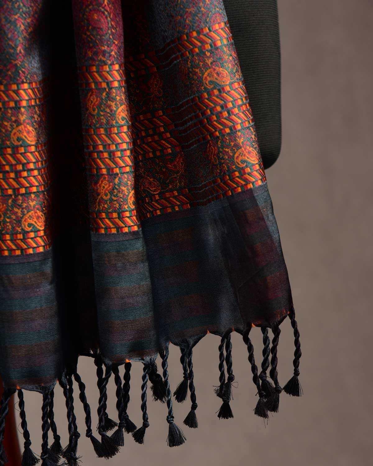 Ombre Multi-color Tehra Paisley Satin Jamawar Handwoven Silk Unisex Scarf 76"x22"-HolyWeaves