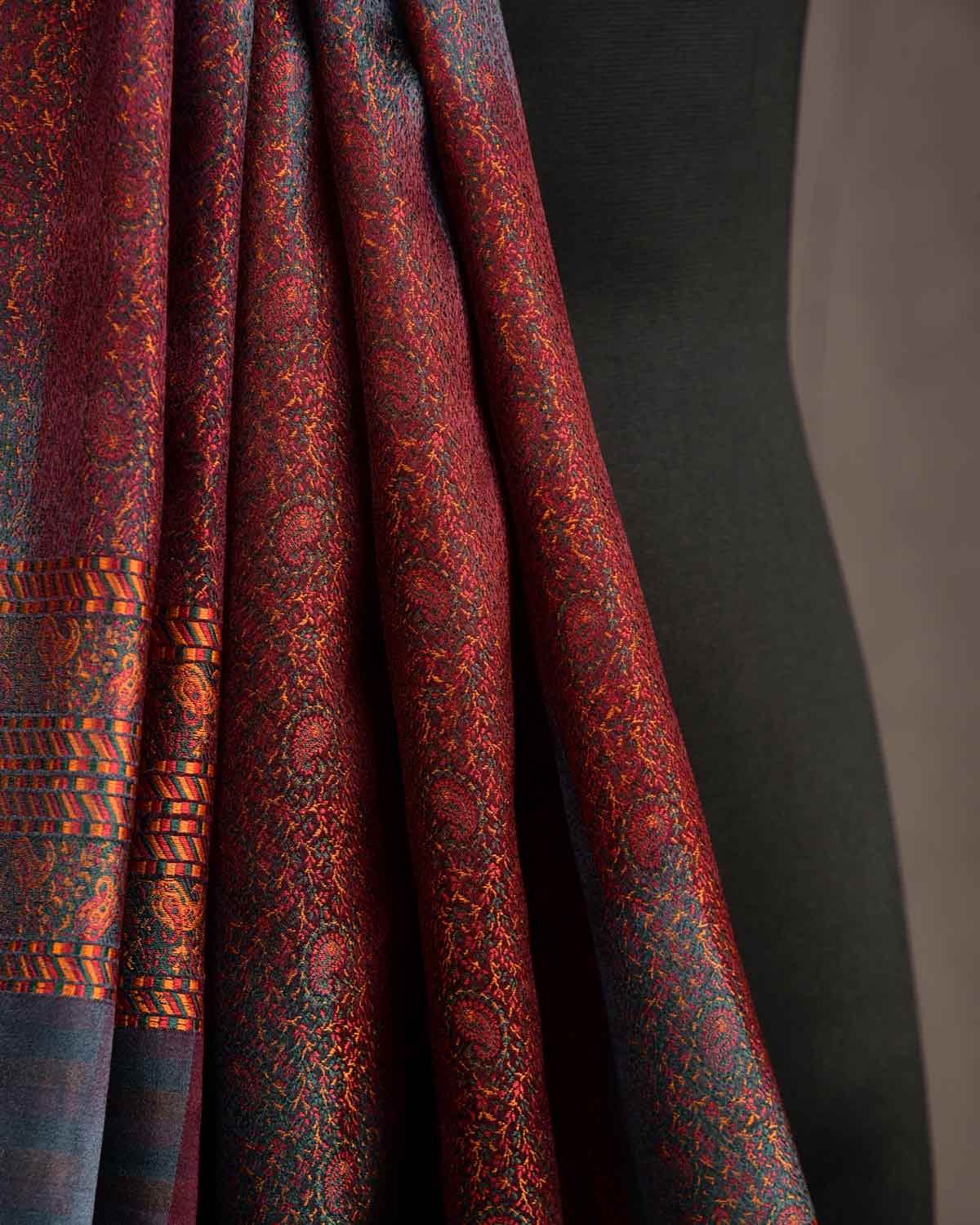 Ombre Multi-color Tehra Paisley Satin Jamawar Handwoven Silk Unisex Scarf 76"x22"-HolyWeaves