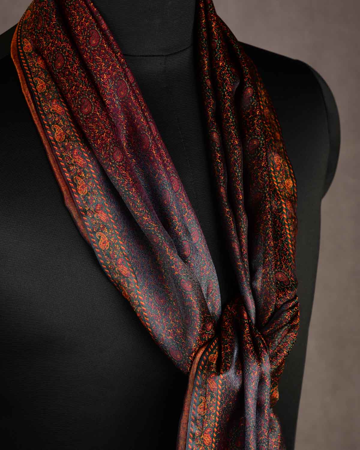 Ombre Multi-color Tehra Paisley Satin Jamawar Handwoven Silk Unisex Scarf 76"x22"-HolyWeaves