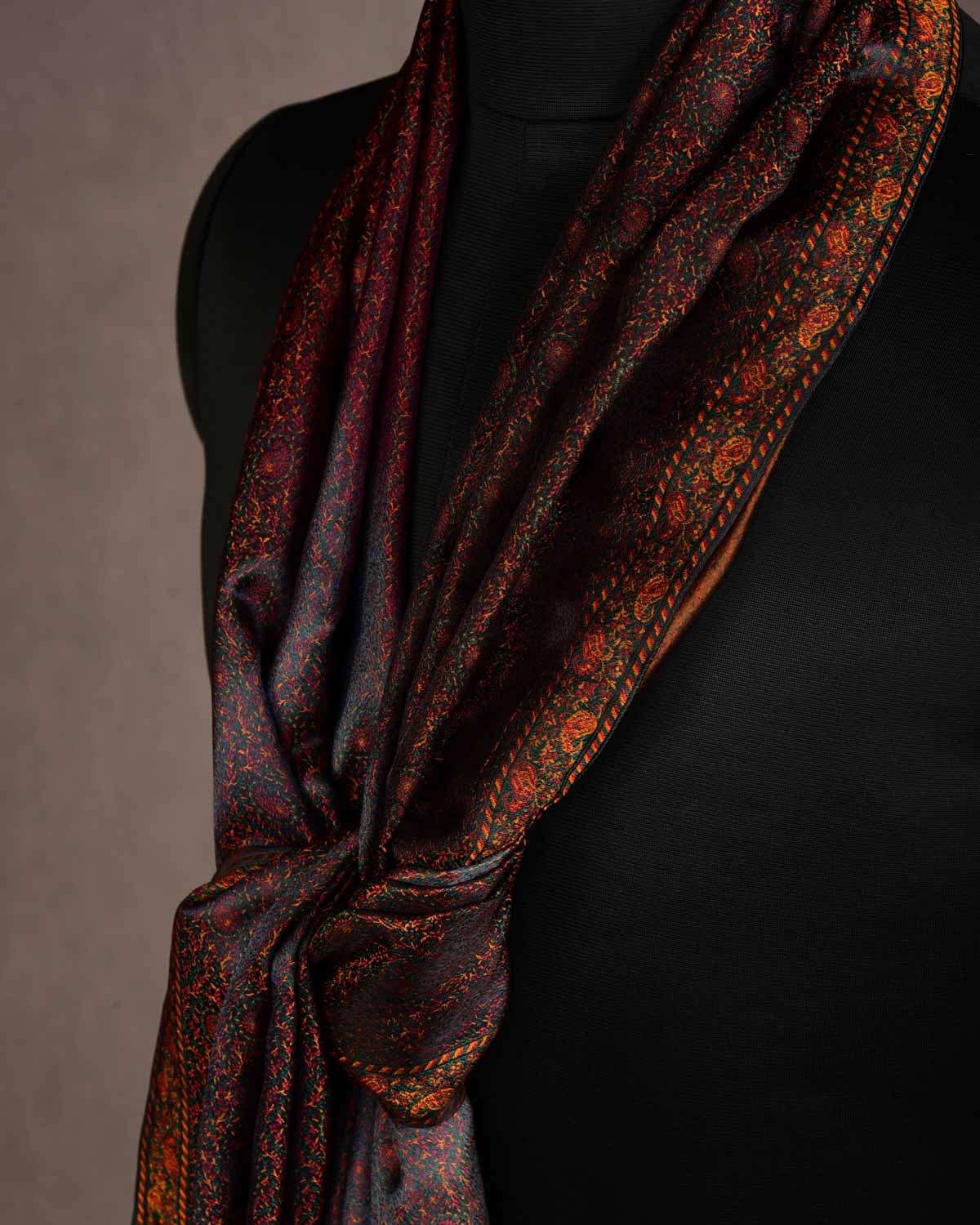 Ombre Multi-color Tehra Paisley Satin Jamawar Handwoven Silk Unisex Scarf 76"x22"-HolyWeaves