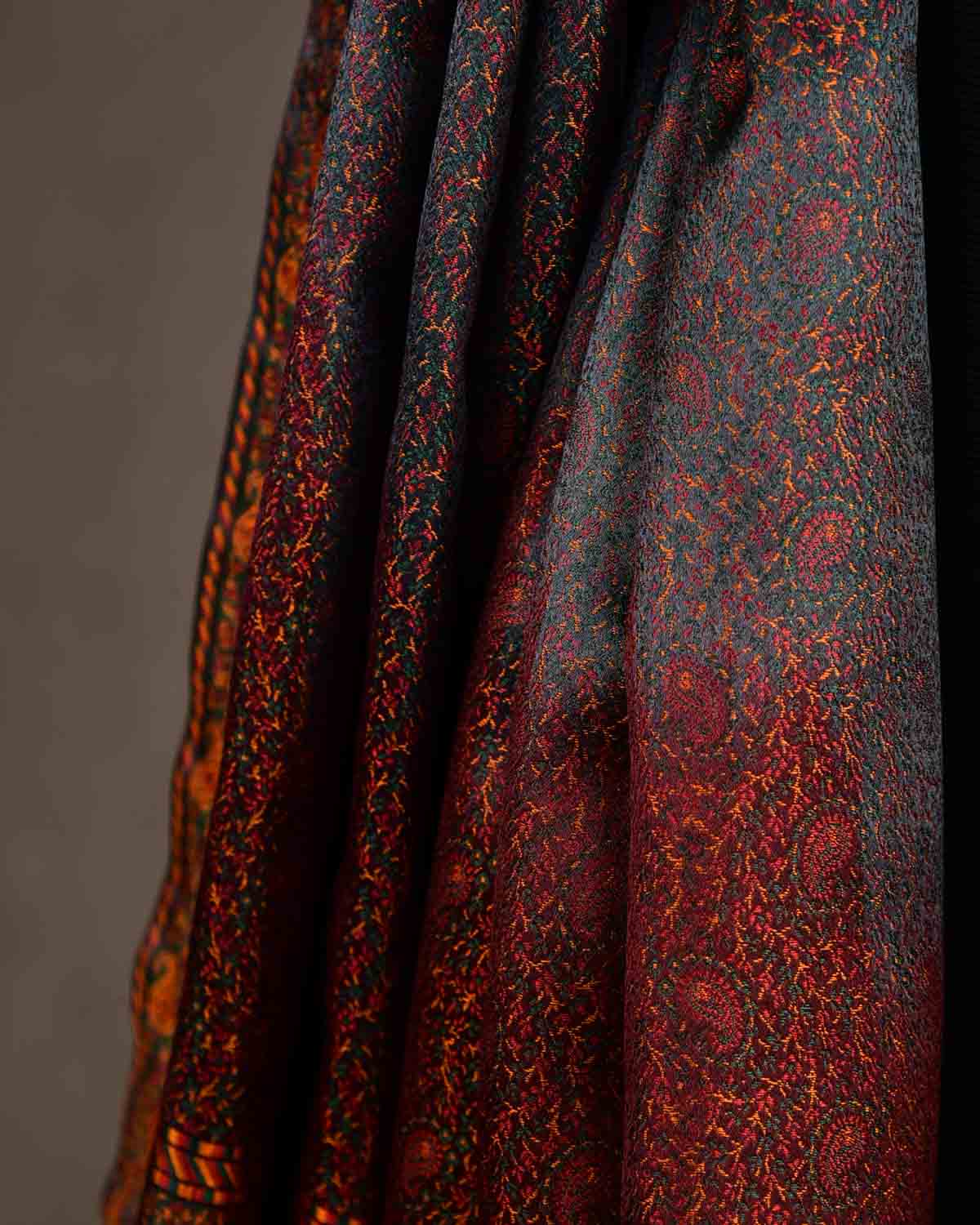 Ombre Multi-color Tehra Paisley Satin Jamawar Handwoven Silk Unisex Scarf 76"x22"-HolyWeaves
