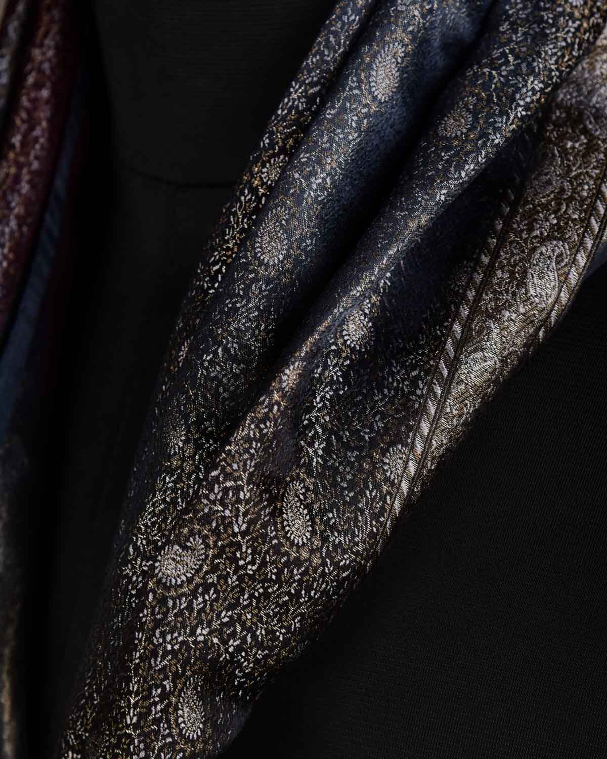 Ombre Metallic Black Tehra Paisley Satin Jamawar Handwoven Silk Unisex Scarf 76"x22"-HolyWeaves