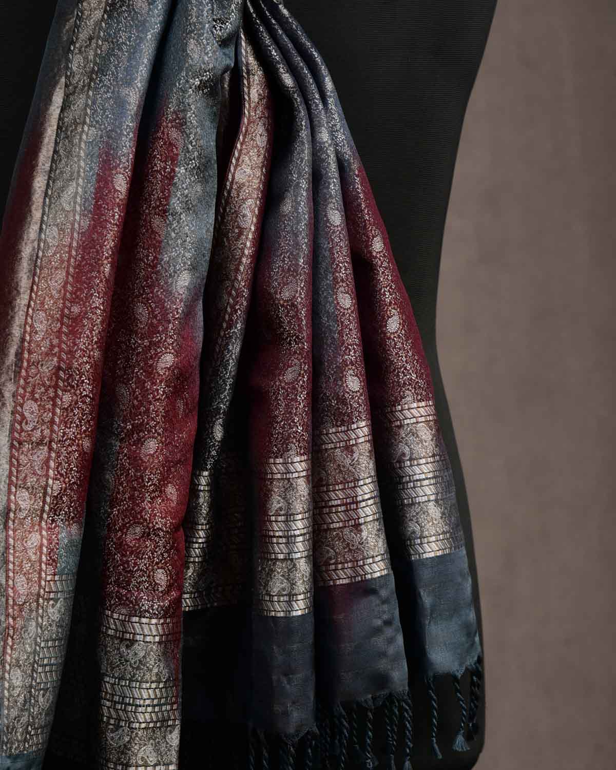 Ombre Metallic Black Tehra Paisley Satin Jamawar Handwoven Silk Unisex Scarf 76"x22"-HolyWeaves