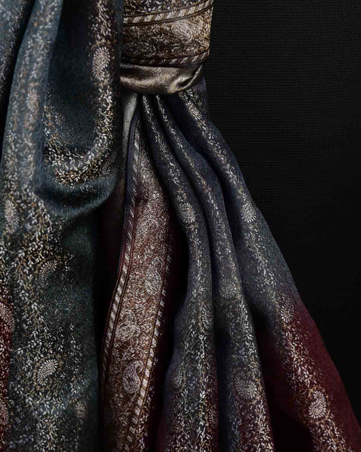 Ombre Metallic Black Tehra Paisley Satin Jamawar Handwoven Silk Unisex Scarf 76"x22"-HolyWeaves