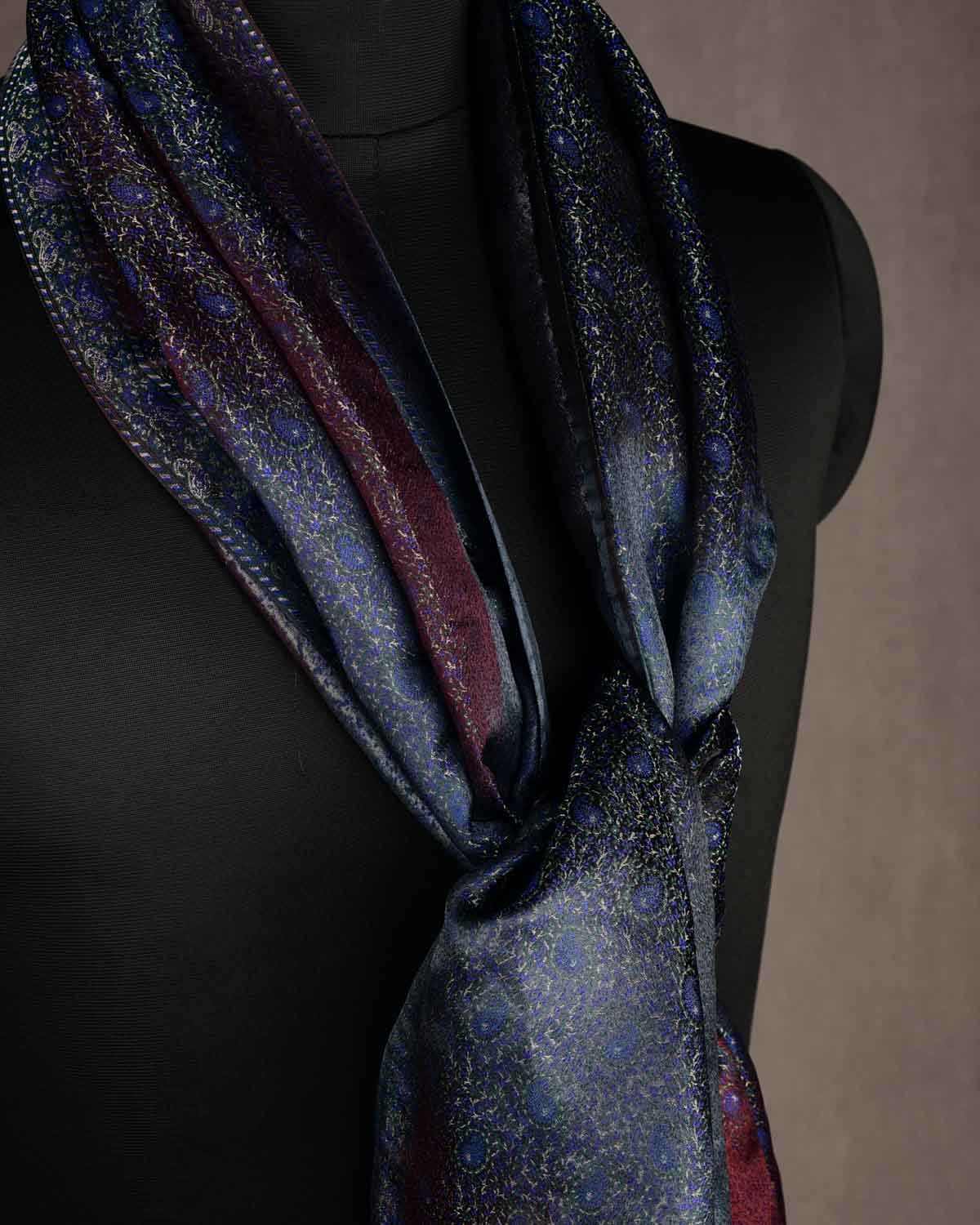 Ombre Metallic Blue-Green Tehra Paisley Satin Jamawar Handwoven Silk Unisex Scarf 76"x22"-HolyWeaves