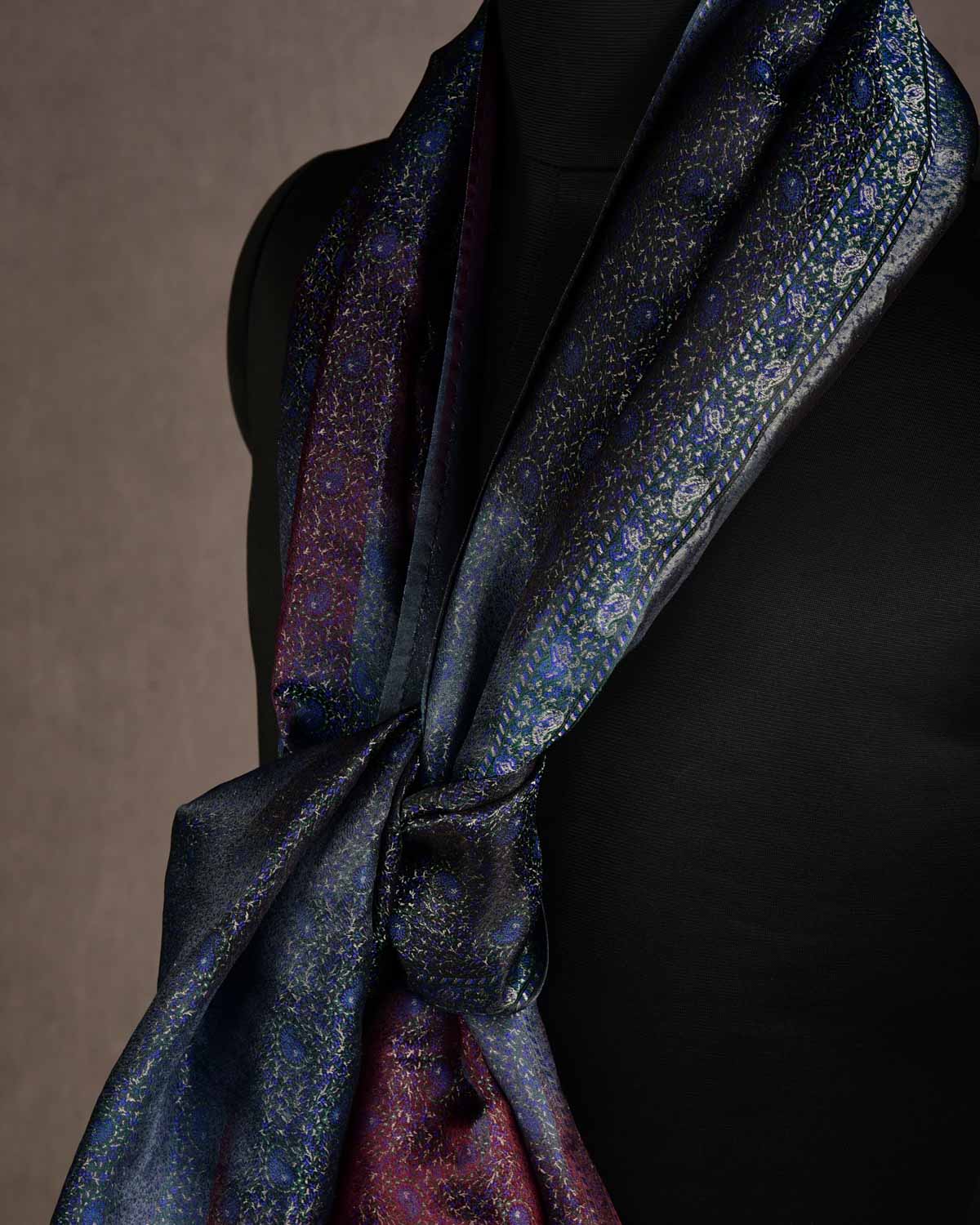Ombre Metallic Blue-Green Tehra Paisley Satin Jamawar Handwoven Silk Unisex Scarf 76"x22"-HolyWeaves