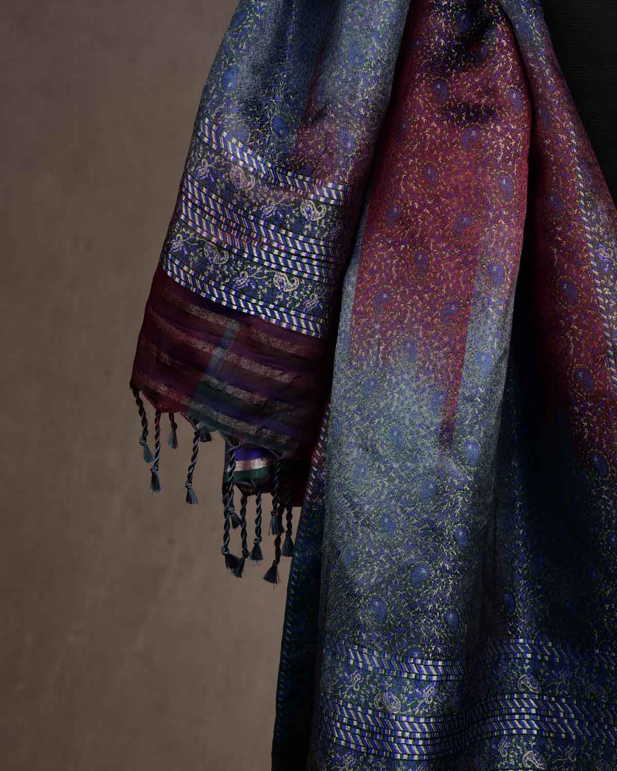 Ombre Metallic Blue-Green Tehra Paisley Satin Jamawar Handwoven Silk Unisex Scarf 76"x22"-HolyWeaves