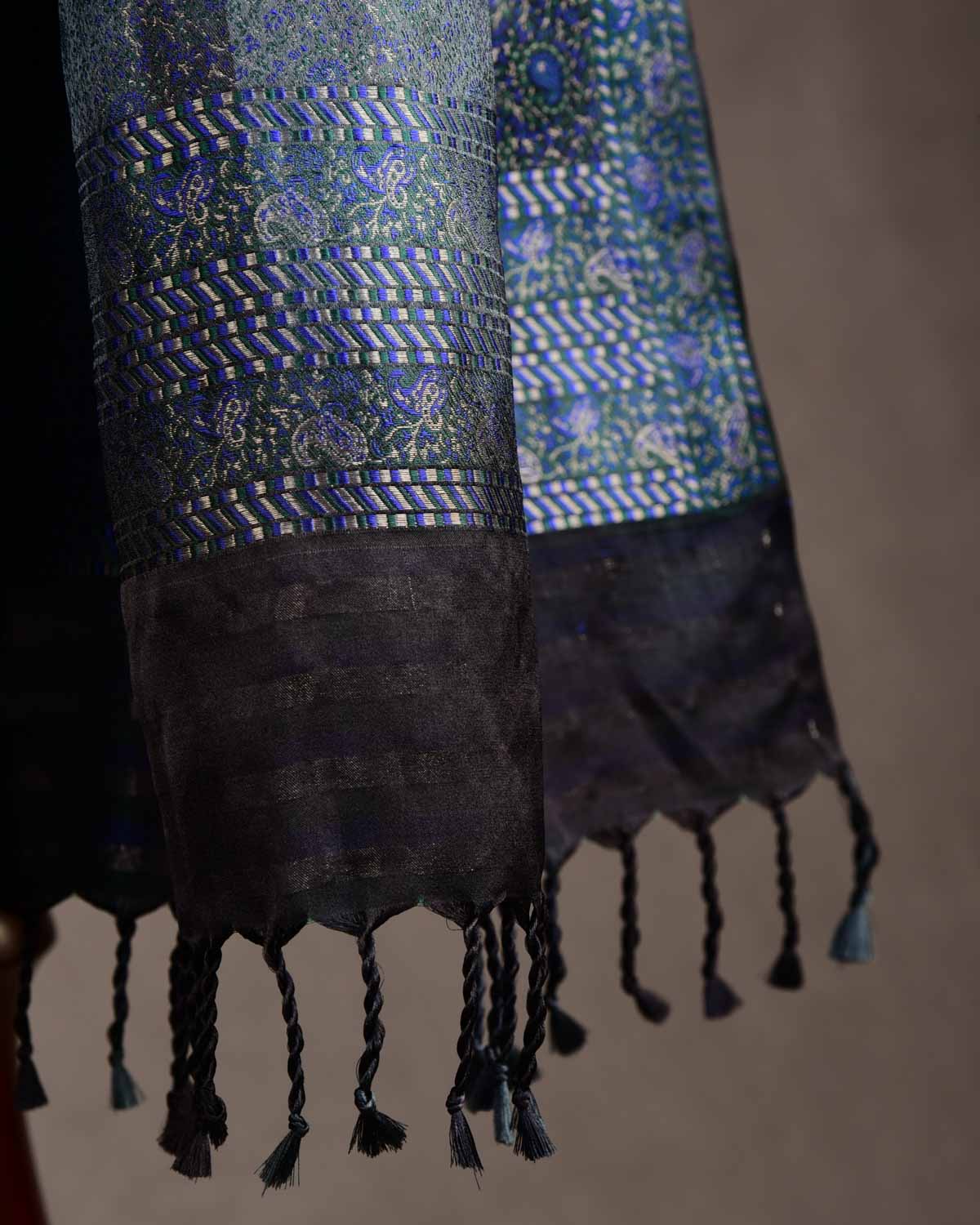 Ombre Metallic Blue-Green Tehra Paisley Satin Jamawar Handwoven Silk Unisex Scarf 76"x22"-HolyWeaves
