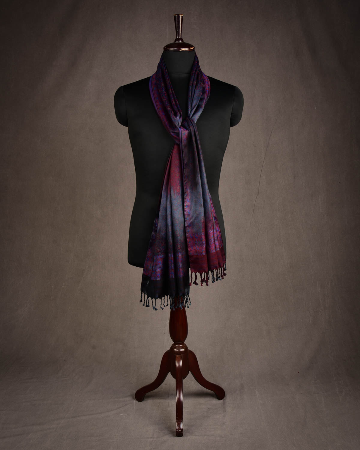 Ombre Multi-color Tehra Paisley Satin Jamawar Handwoven Silk Unisex Scarf 80"x22"-HolyWeaves