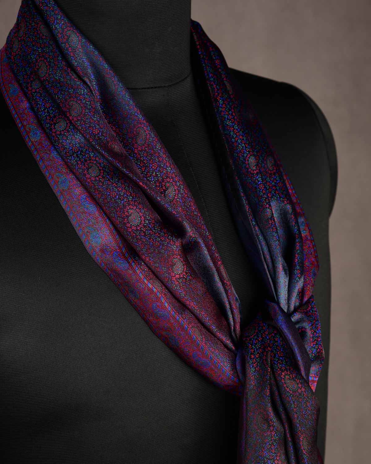 Multi-color Tehra Paisley Satin Jamawar Handwoven Silk Unisex Scarf 80"x22"-HolyWeaves