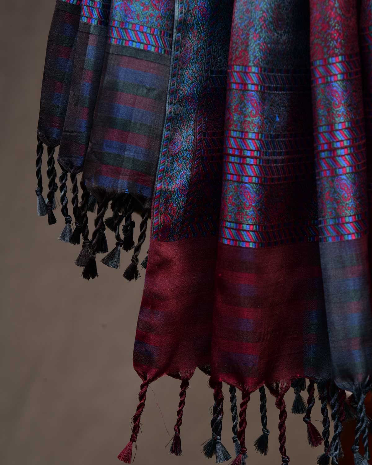 Multi-color Tehra Paisley Satin Jamawar Handwoven Silk Unisex Scarf 80"x22"-HolyWeaves
