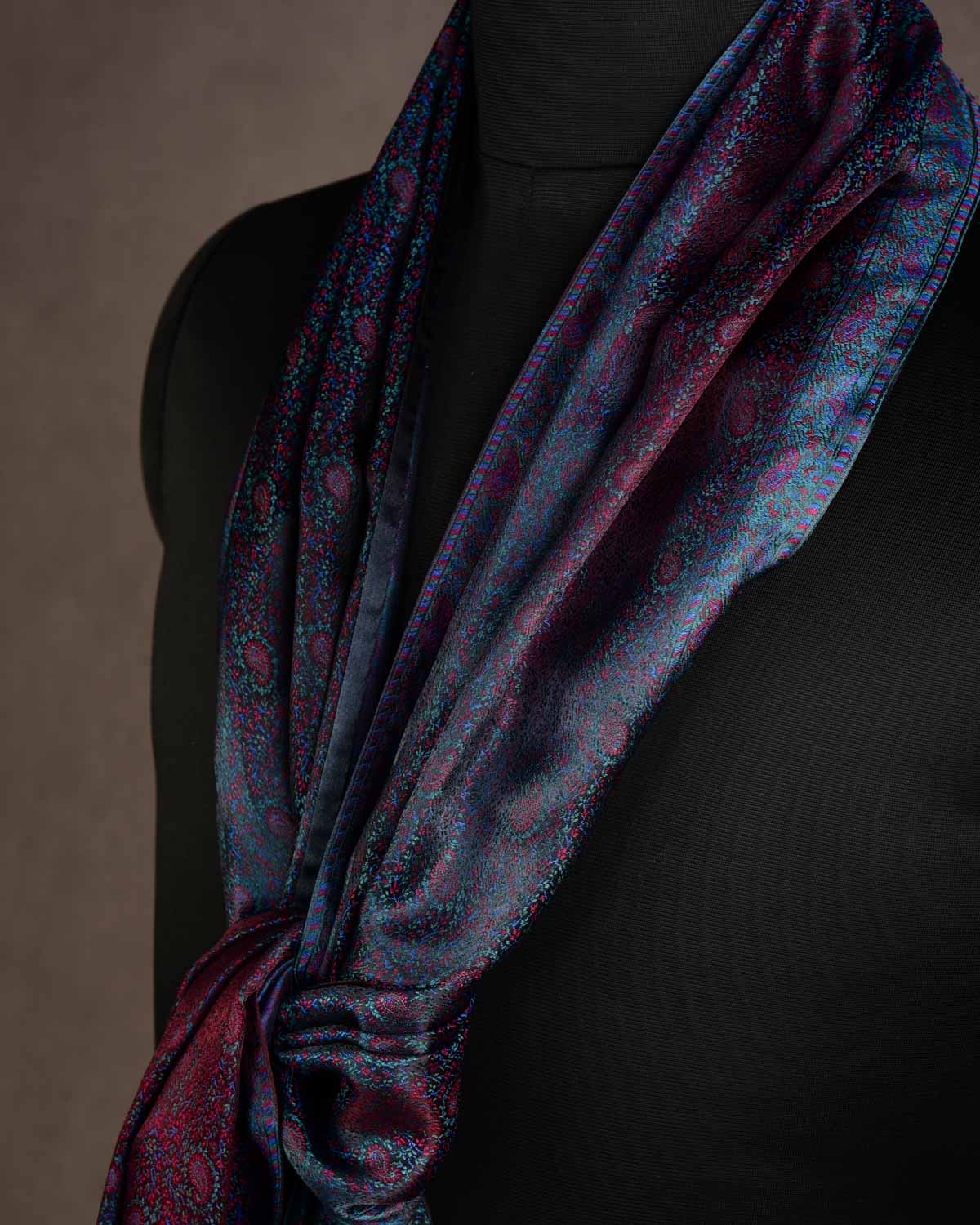 Multi-color Tehra Paisley Satin Jamawar Handwoven Silk Unisex Scarf 80"x22"-HolyWeaves
