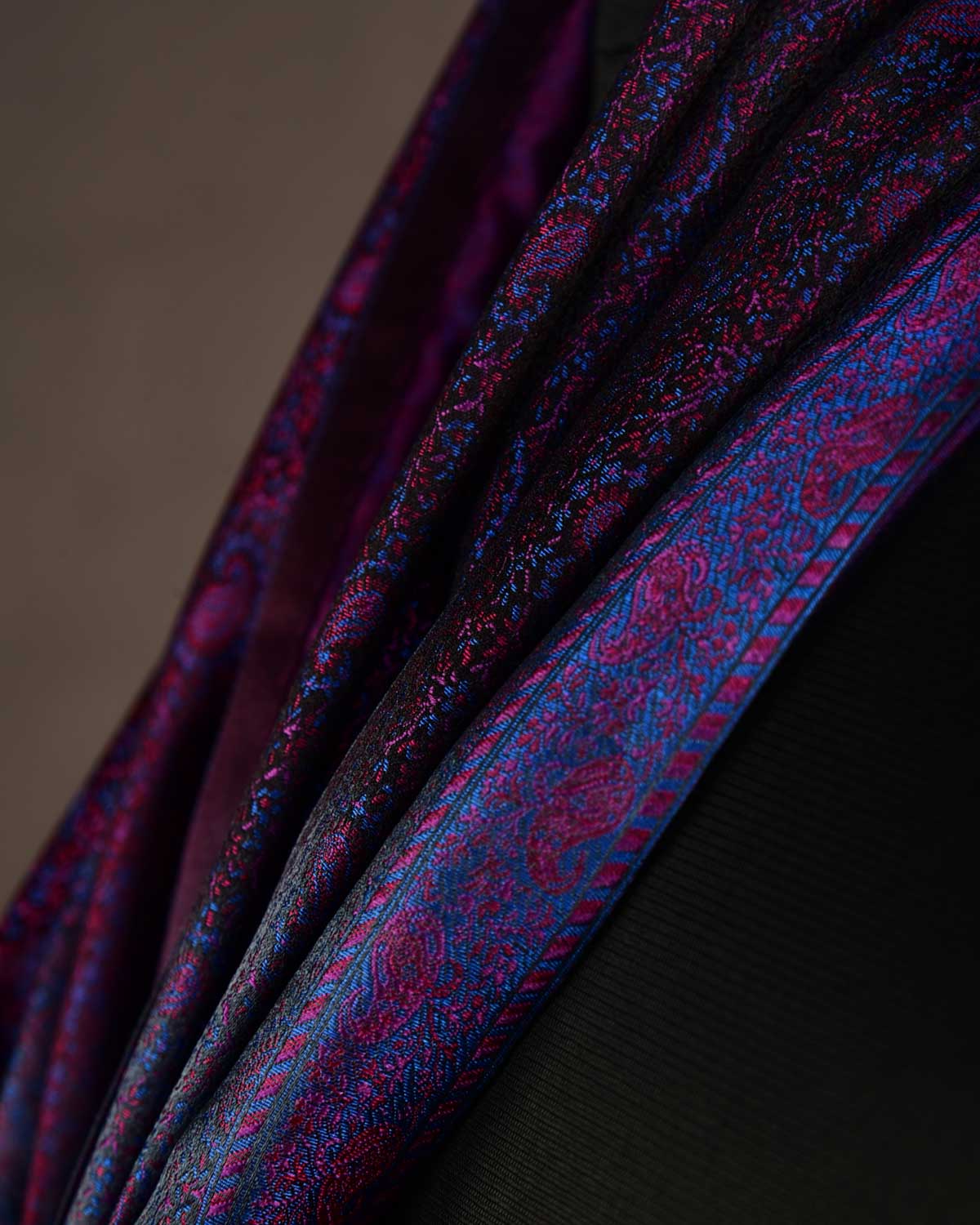 Multi-color Tehra Paisley Satin Jamawar Handwoven Silk Unisex Scarf 80"x22"-HolyWeaves