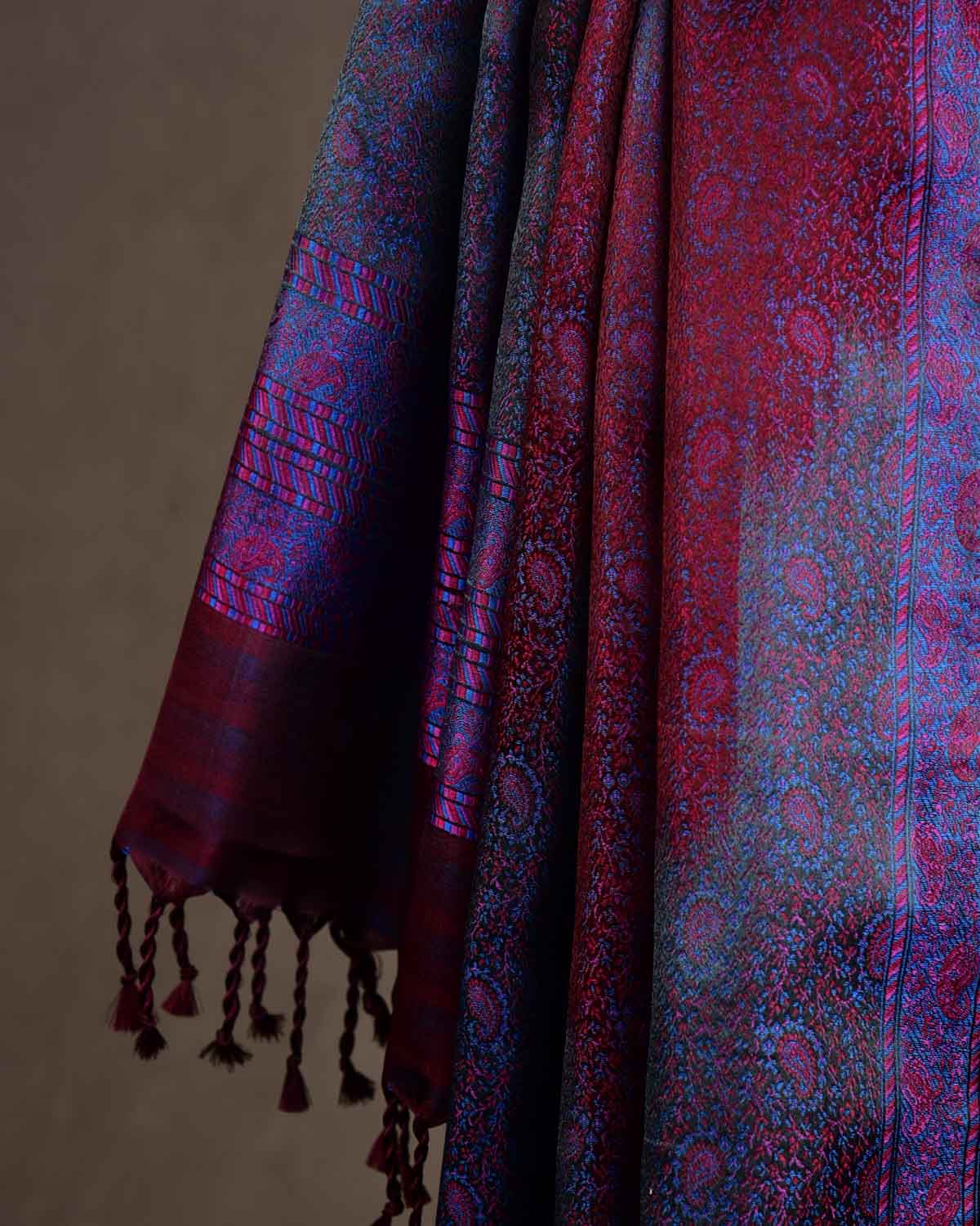Multi-color Tehra Paisley Satin Jamawar Handwoven Silk Unisex Scarf 80"x22"-HolyWeaves