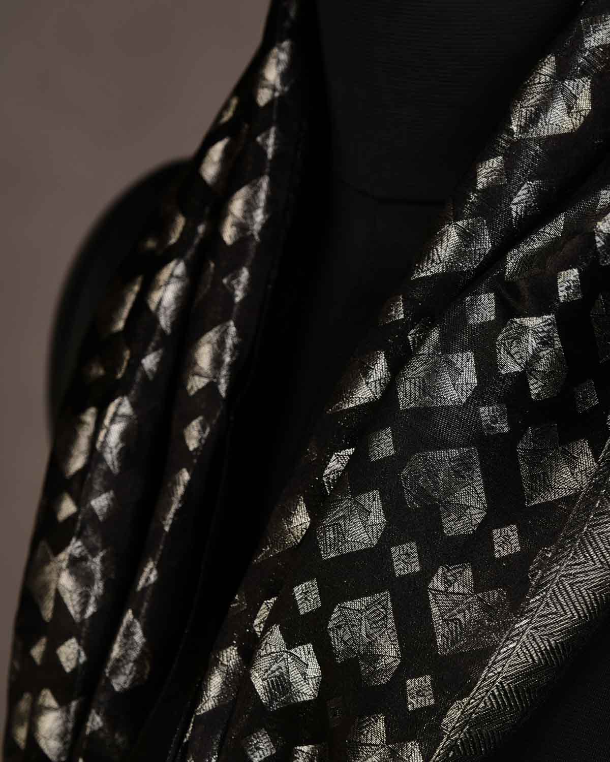 Metallic Black Silver Diamond Hearts Satin Tanchoi Handwoven Silk Unisex Scarf 80"x22"-HolyWeaves