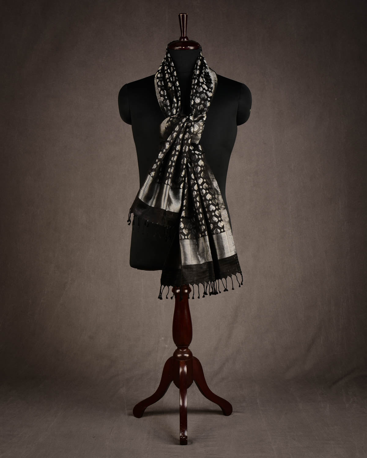 Metallic Black Silver Diamond Hearts Satin Tanchoi Handwoven Silk Unisex Scarf 80"x22"-HolyWeaves