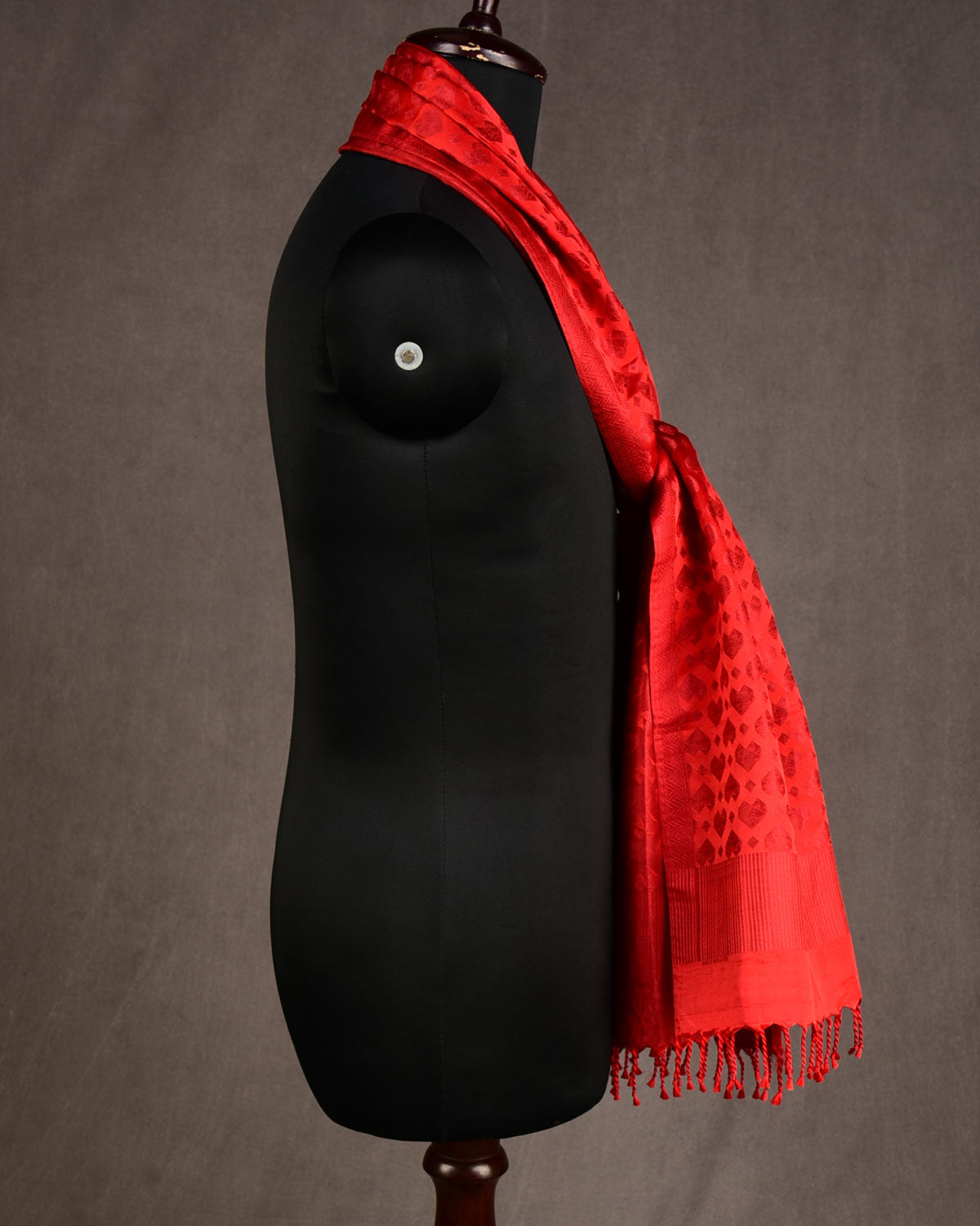 Metallic Red Diamond Hearts Satin Tanchoi Handwoven Silk Unisex Scarf 80"x22"-HolyWeaves