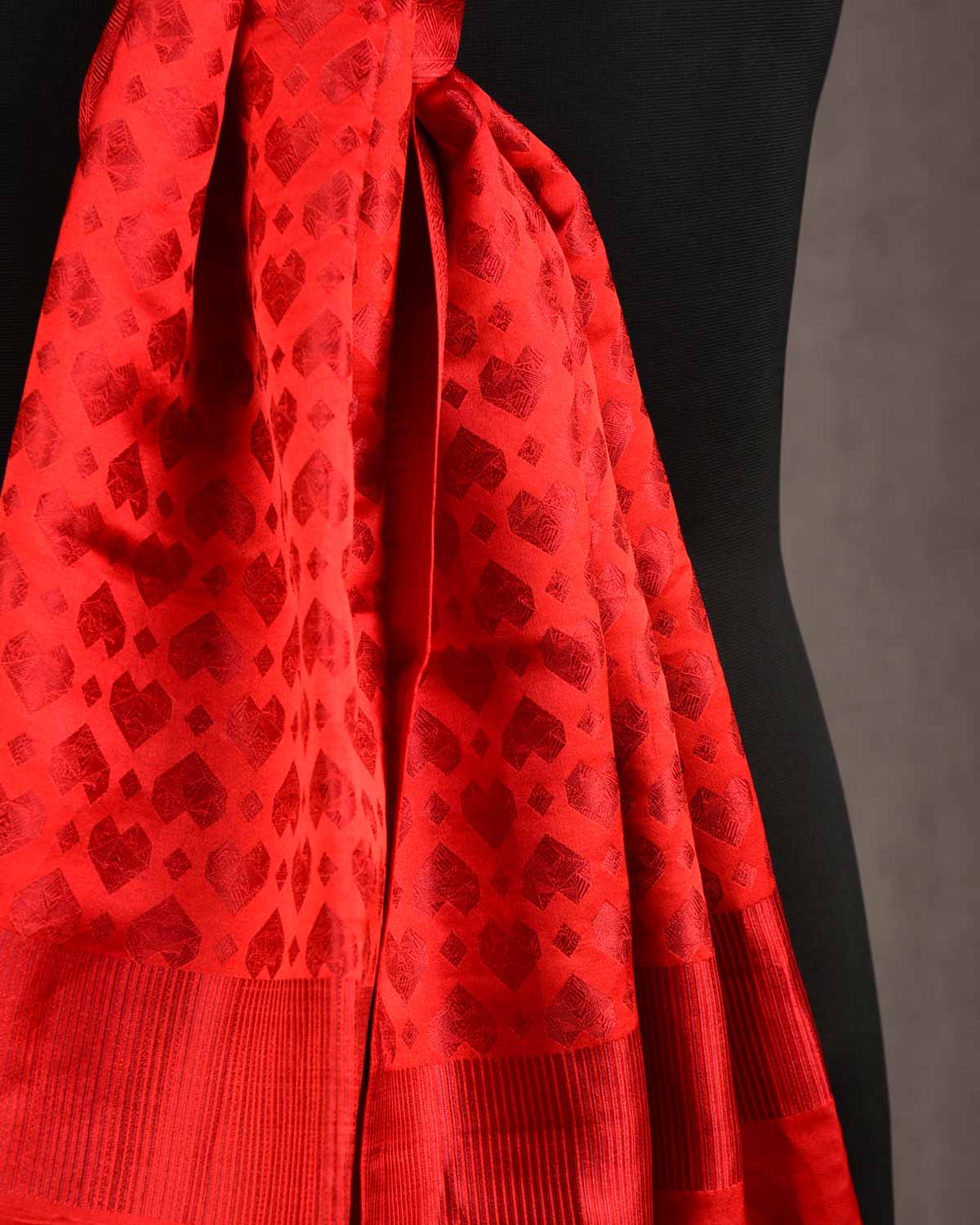 Metallic Red Diamond Hearts Satin Tanchoi Handwoven Silk Unisex Scarf 80"x22"-HolyWeaves