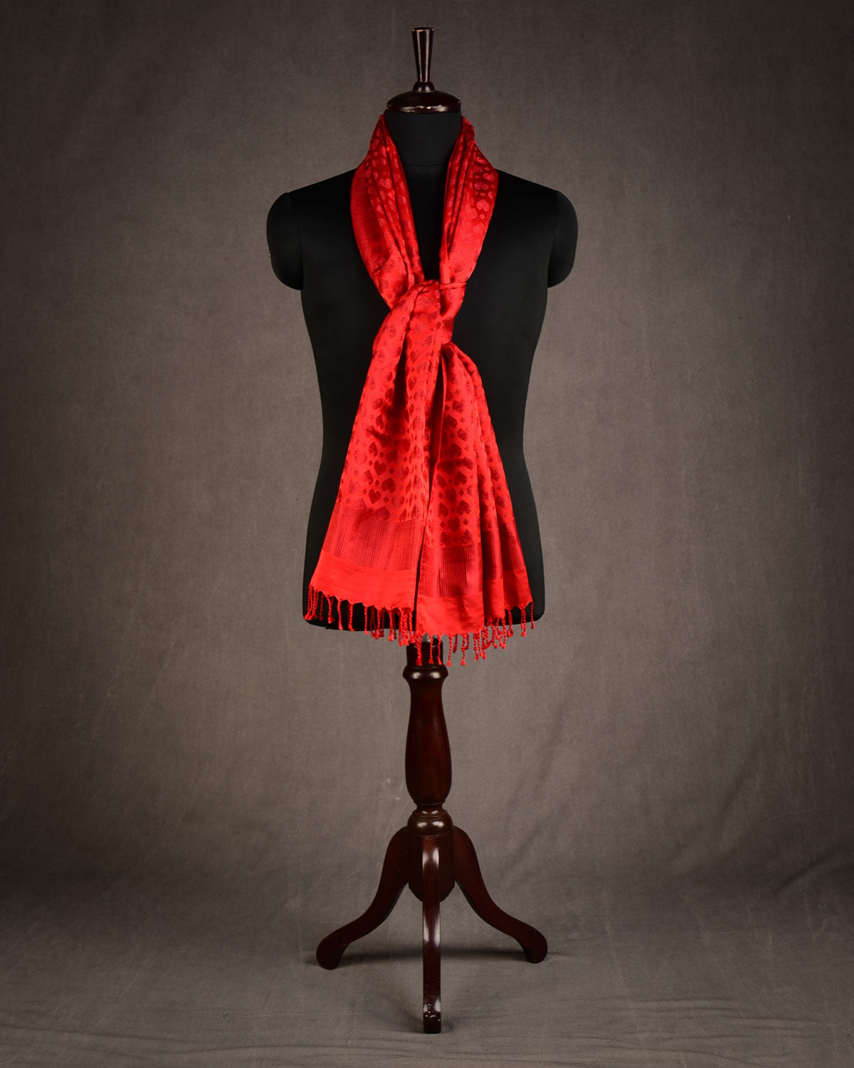Metallic Red Diamond Hearts Satin Tanchoi Handwoven Silk Unisex Scarf 80"x22"-HolyWeaves