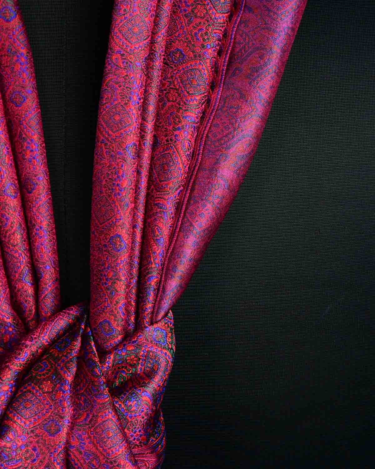 Purple Magenta Ethnic Jamawar Handwoven Silk Unisex Scarf with Metallic Accents 80"x22"-HolyWeaves