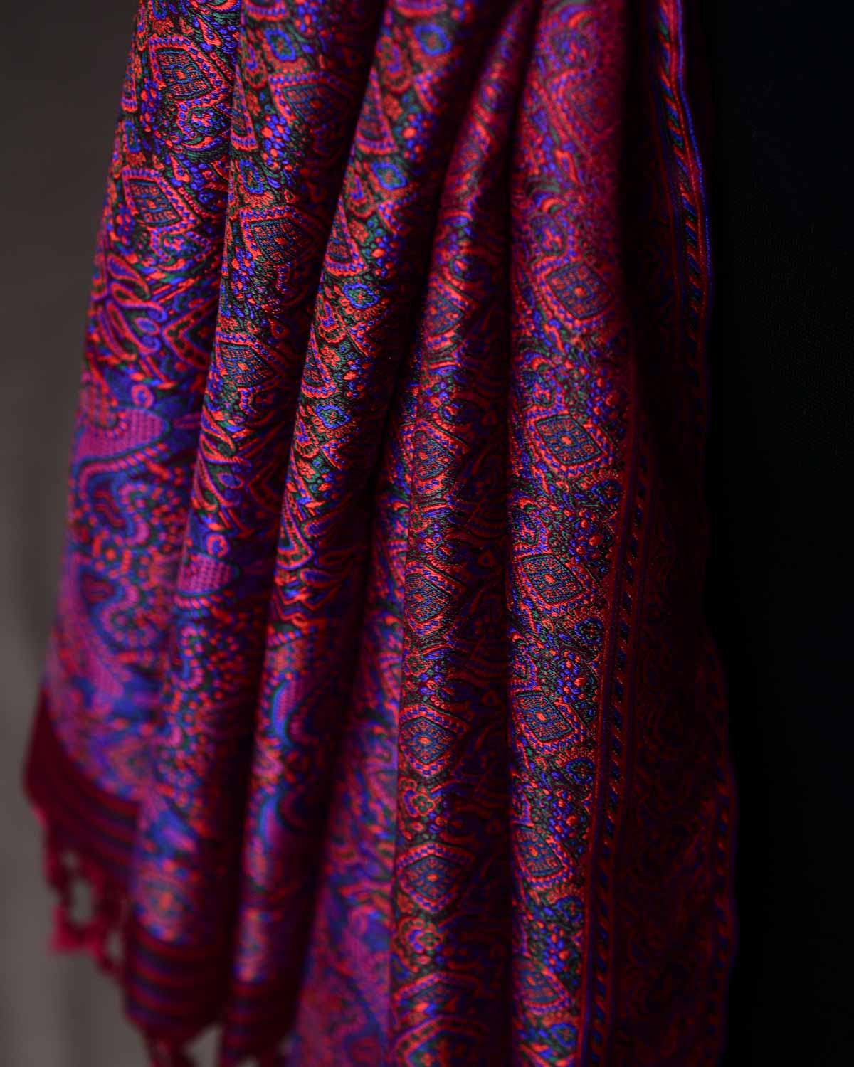 Purple Magenta Ethnic Jamawar Handwoven Silk Unisex Scarf with Metallic Accents 80"x22"-HolyWeaves