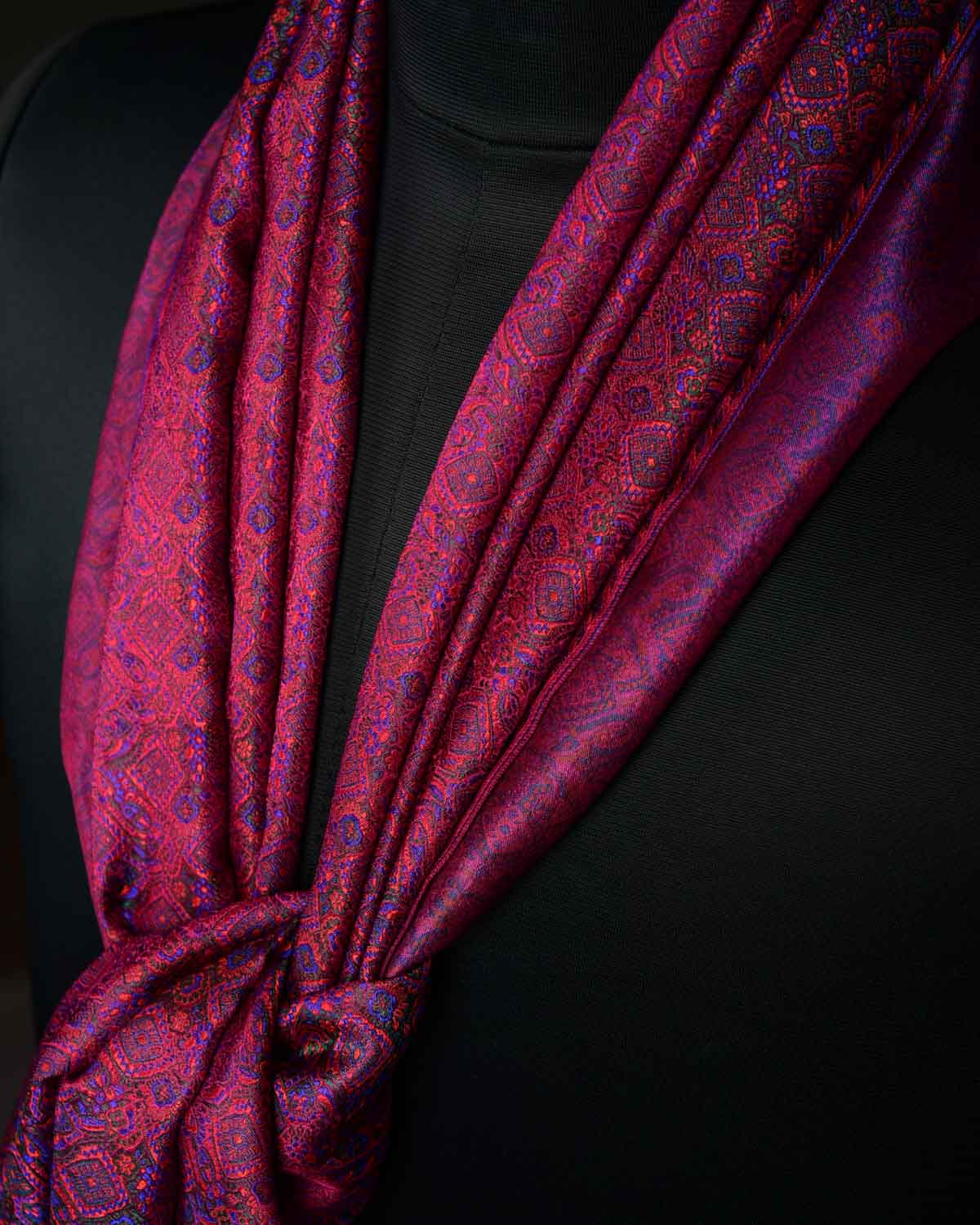Purple Magenta Ethnic Jamawar Handwoven Silk Unisex Scarf with Metallic Accents 80"x22"-HolyWeaves