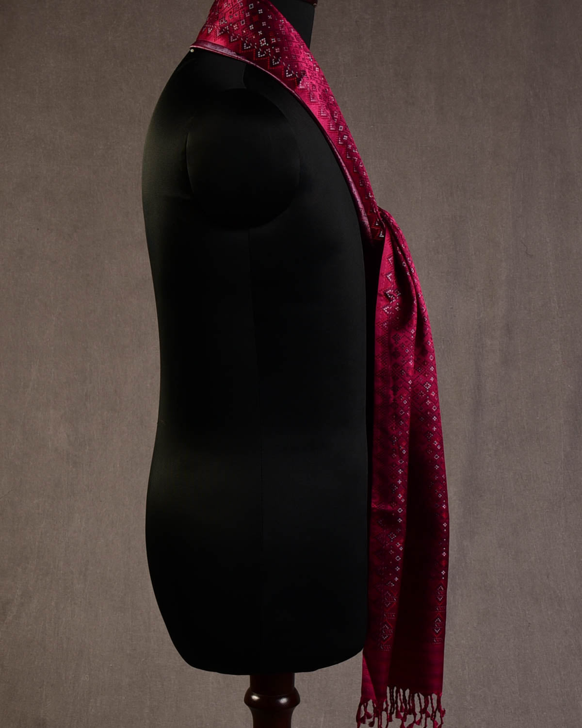 Burgundy Black Silver Red Dotted Jamawar Handwoven Silk Unisex Scarf 80"x22"-HolyWeaves