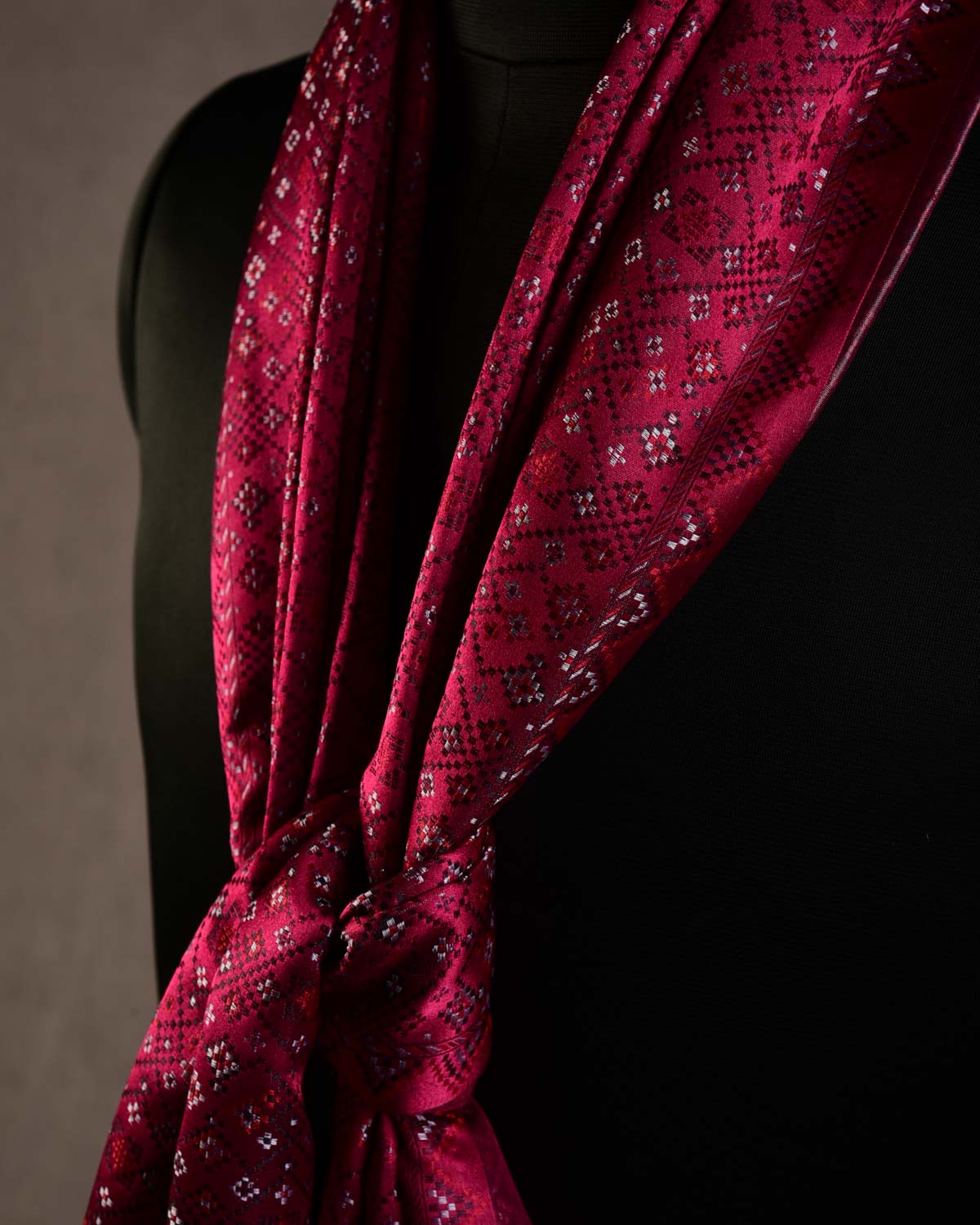 Burgundy Black Silver Red Dotted Jamawar Handwoven Silk Unisex Scarf 80"x22"-HolyWeaves