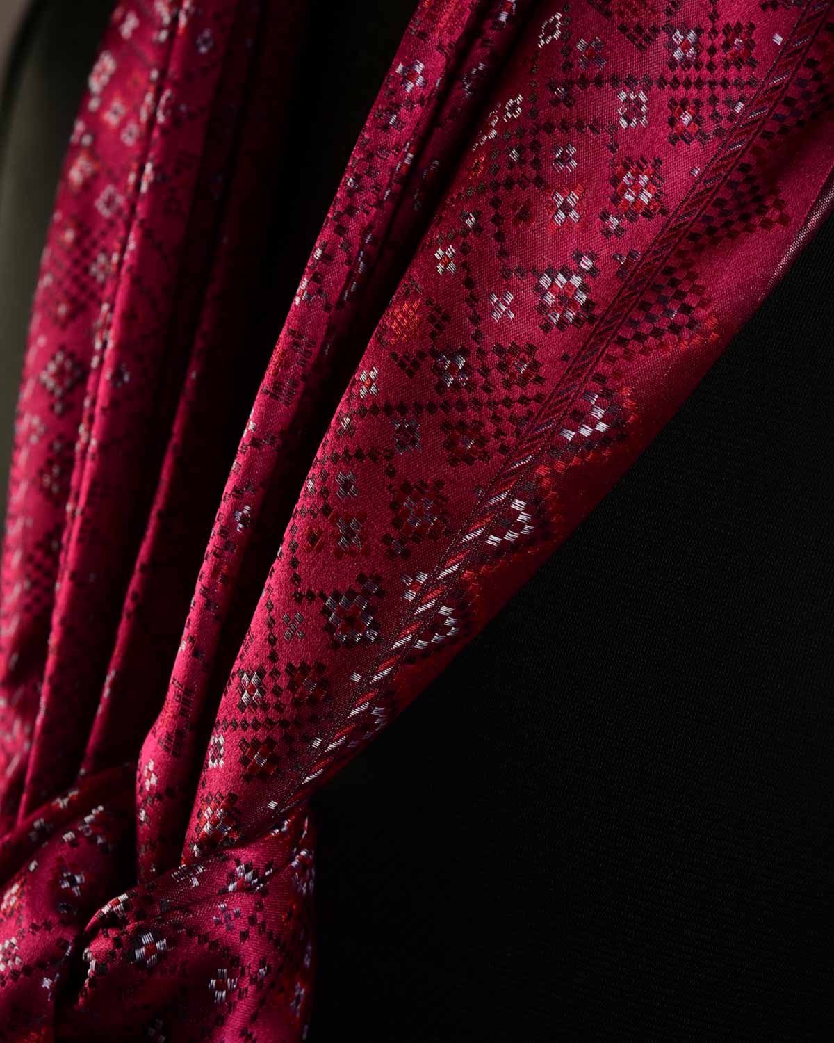 Burgundy Black Silver Red Dotted Jamawar Handwoven Silk Unisex Scarf 80"x22"-HolyWeaves