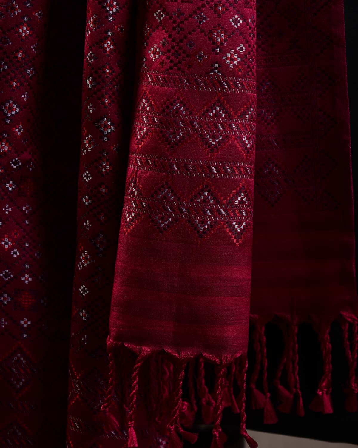 Burgundy Black Silver Red Dotted Jamawar Handwoven Silk Unisex Scarf 80"x22"-HolyWeaves