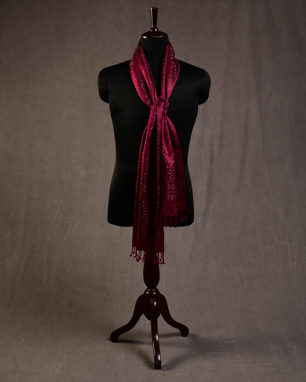 Burgundy Black Silver Red Dotted Jamawar Handwoven Silk Unisex Scarf 80"x22"-HolyWeaves