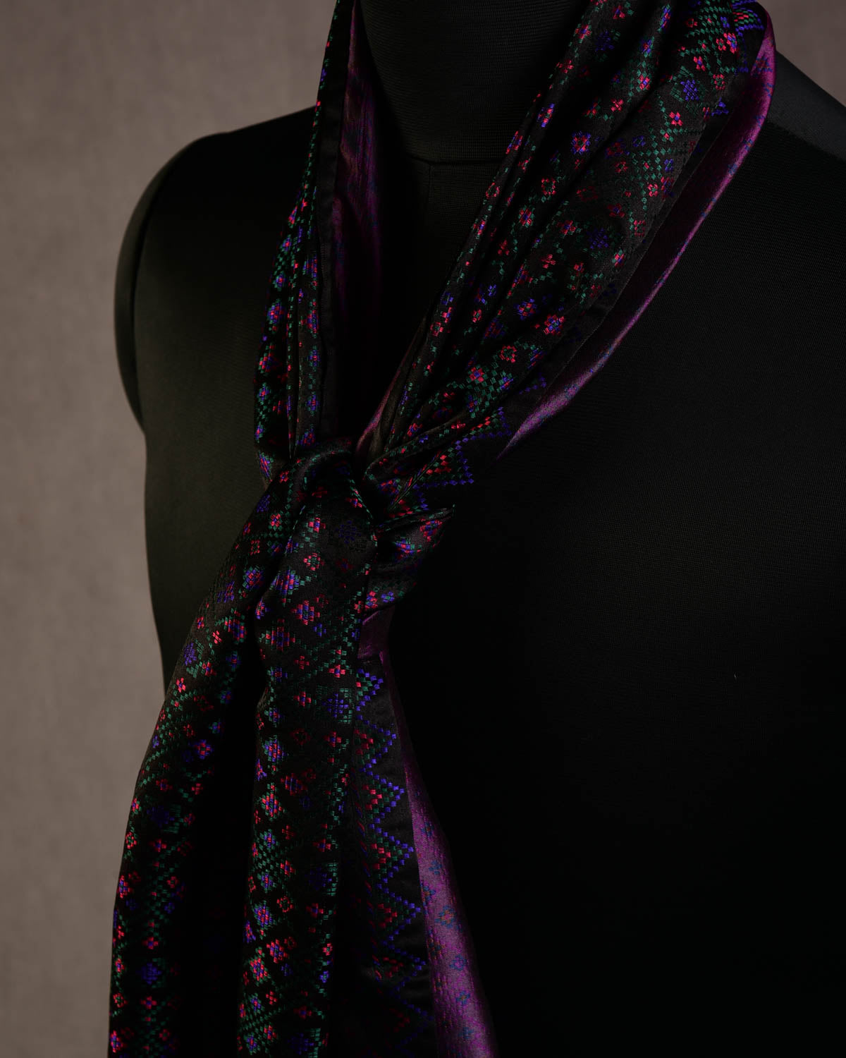 Black Green Purple Pink Dotted Jamawar Handwoven Silk Unisex Scarf 80"x22"-HolyWeaves