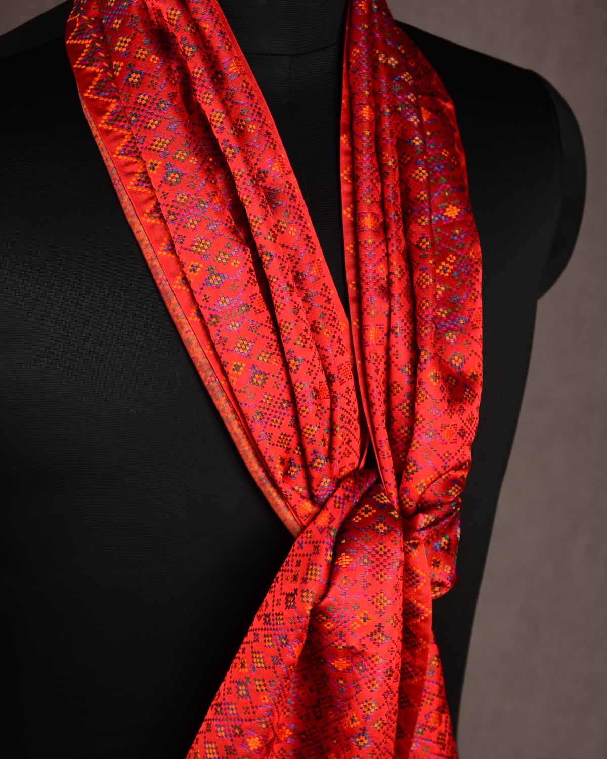 Red Multi-Color Dotted Jamawar Handwoven Silk Unisex Scarf 80"x22"-HolyWeaves