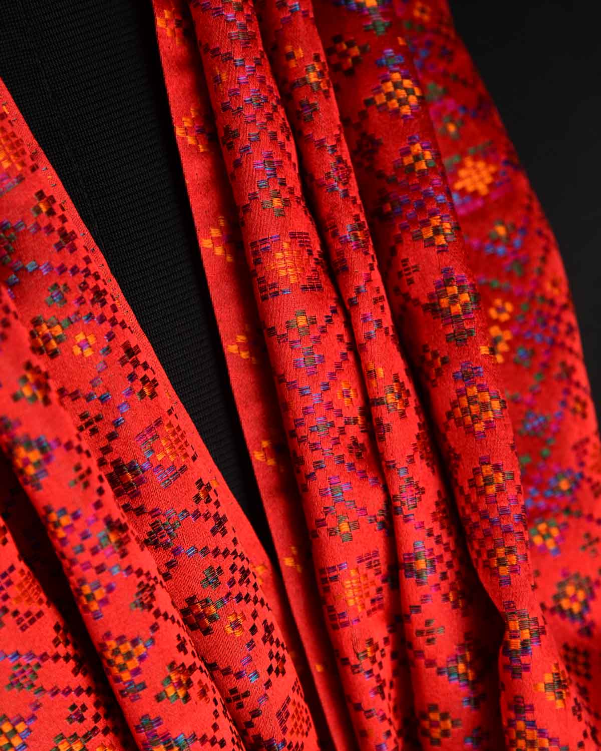 Red Multi-Color Dotted Jamawar Handwoven Silk Unisex Scarf 80"x22"-HolyWeaves