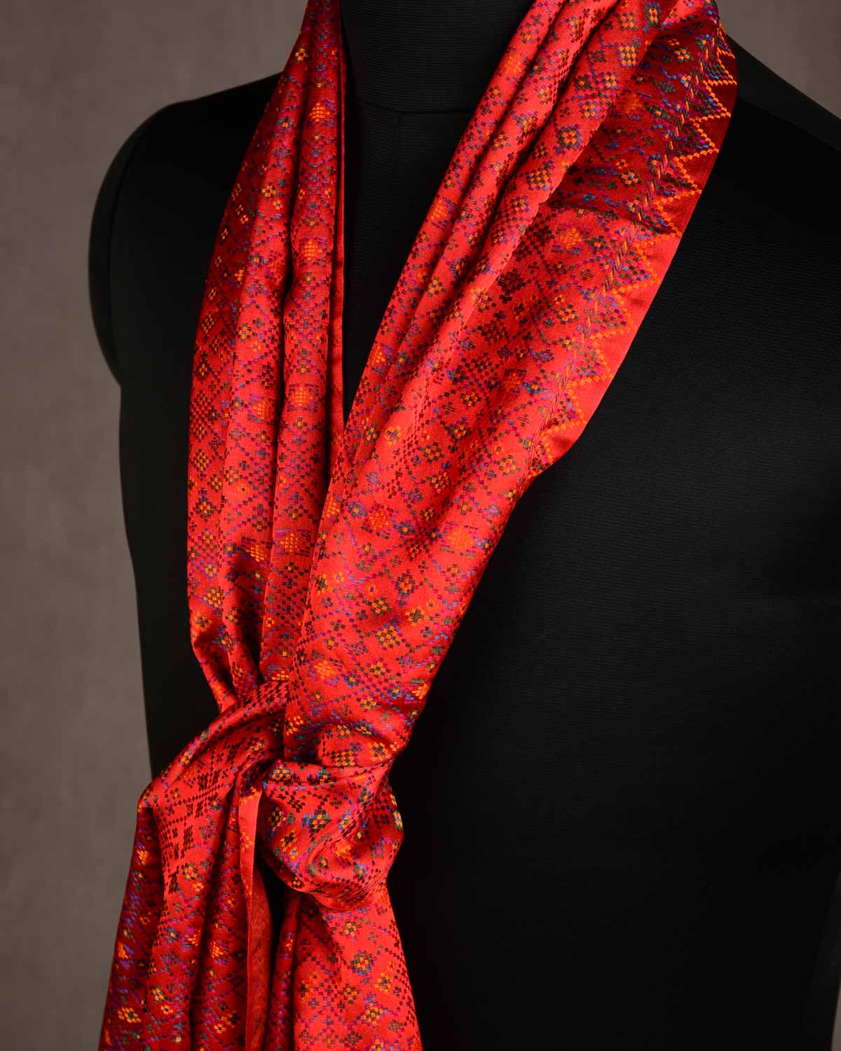 Red Multi-Color Dotted Jamawar Handwoven Silk Unisex Scarf 80"x22"-HolyWeaves
