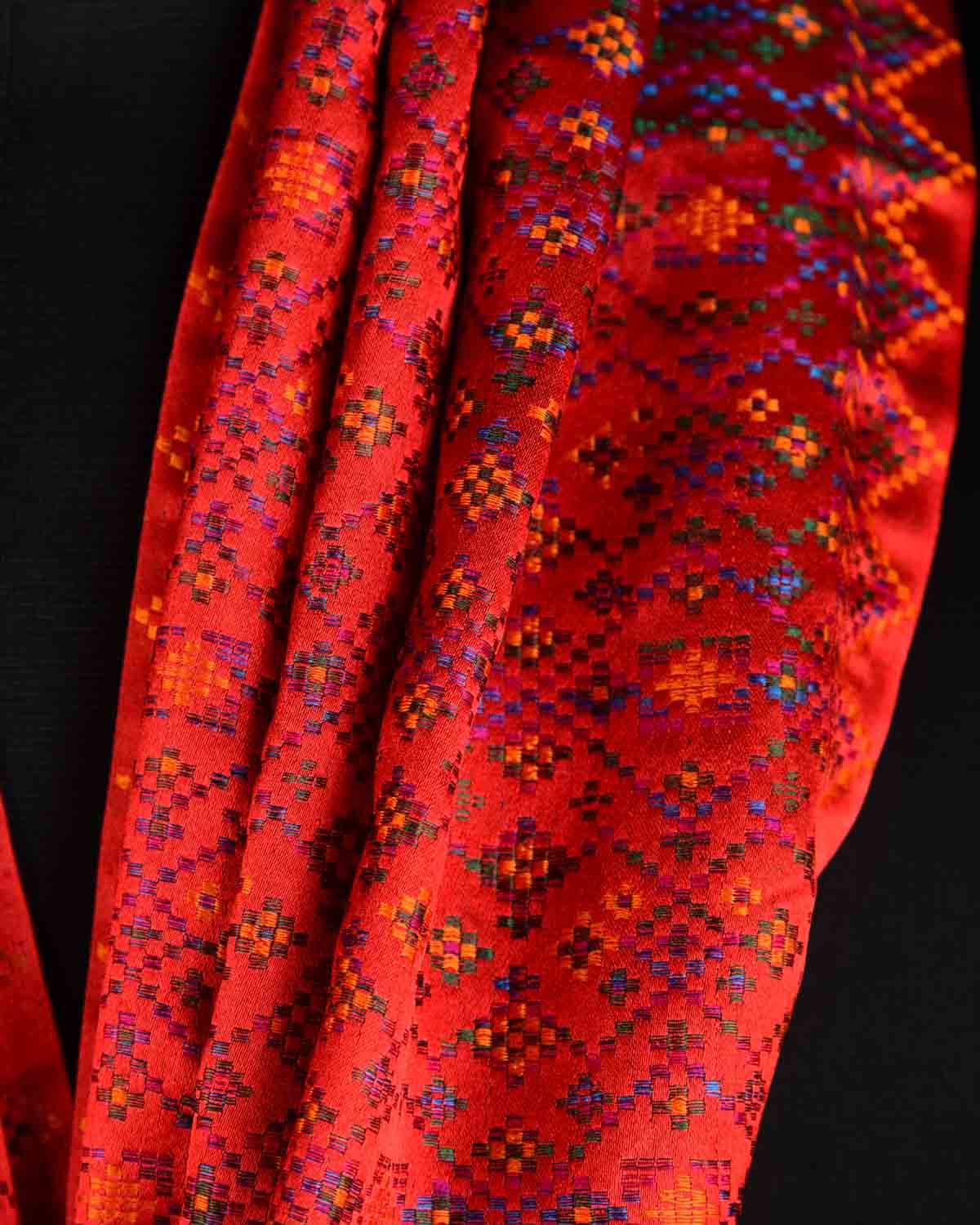 Red Multi-Color Dotted Jamawar Handwoven Silk Unisex Scarf 80"x22"-HolyWeaves