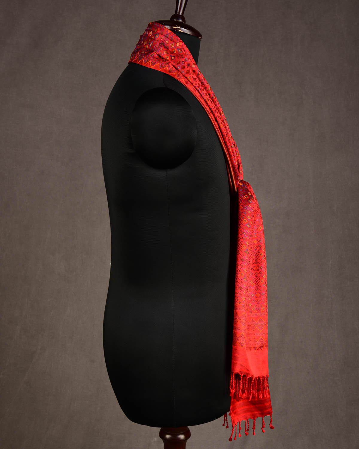 Red Multi-Color Dotted Jamawar Handwoven Silk Unisex Scarf 80"x22"-HolyWeaves