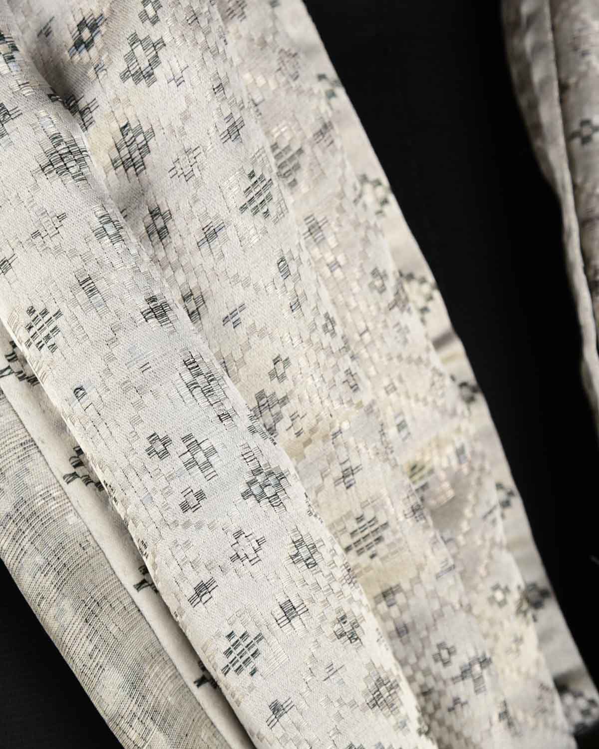 Gray Black On White Dotted Jamawar Handwoven Silk Unisex Scarf 76"x22"-HolyWeaves