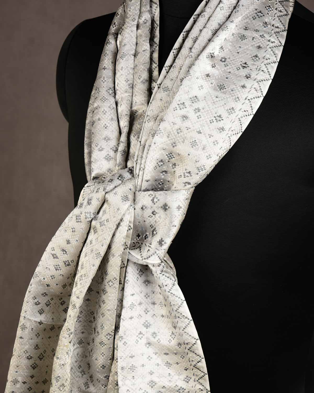 Gray Black On White Dotted Jamawar Handwoven Silk Unisex Scarf 76"x22"-HolyWeaves