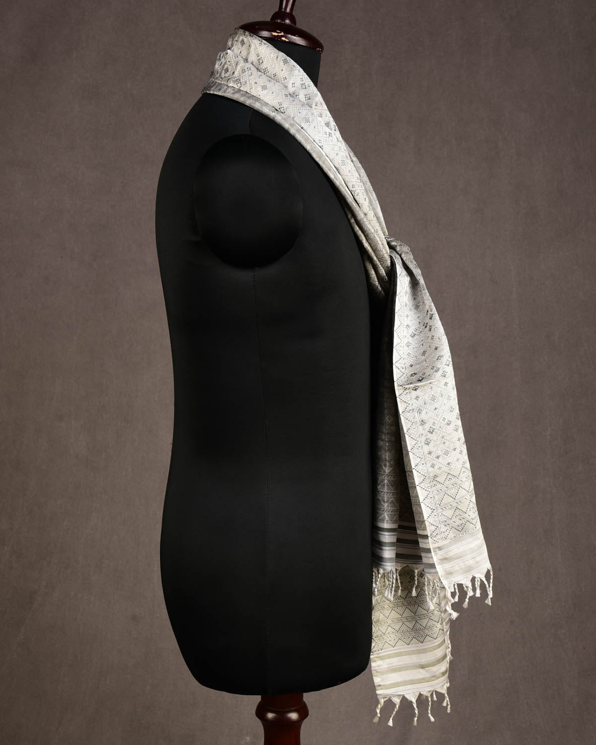 Gray Black On White Dotted Jamawar Handwoven Silk Unisex Scarf 76"x22"-HolyWeaves